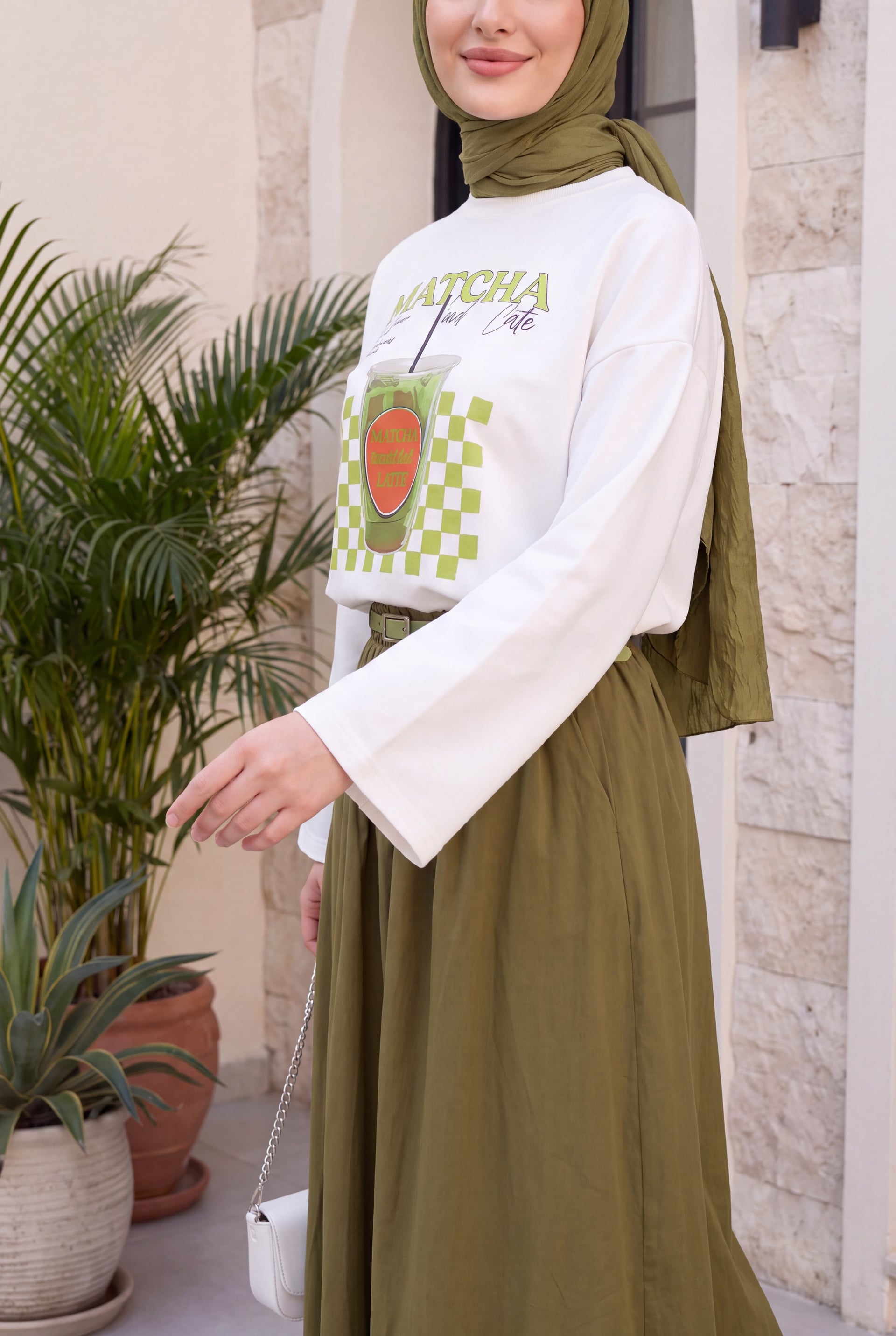Matcha Print Crew Neck Oversize 2-Thread Fleece Sweatshirt - Ecru - Podyumplus - by Peralane - photo 3