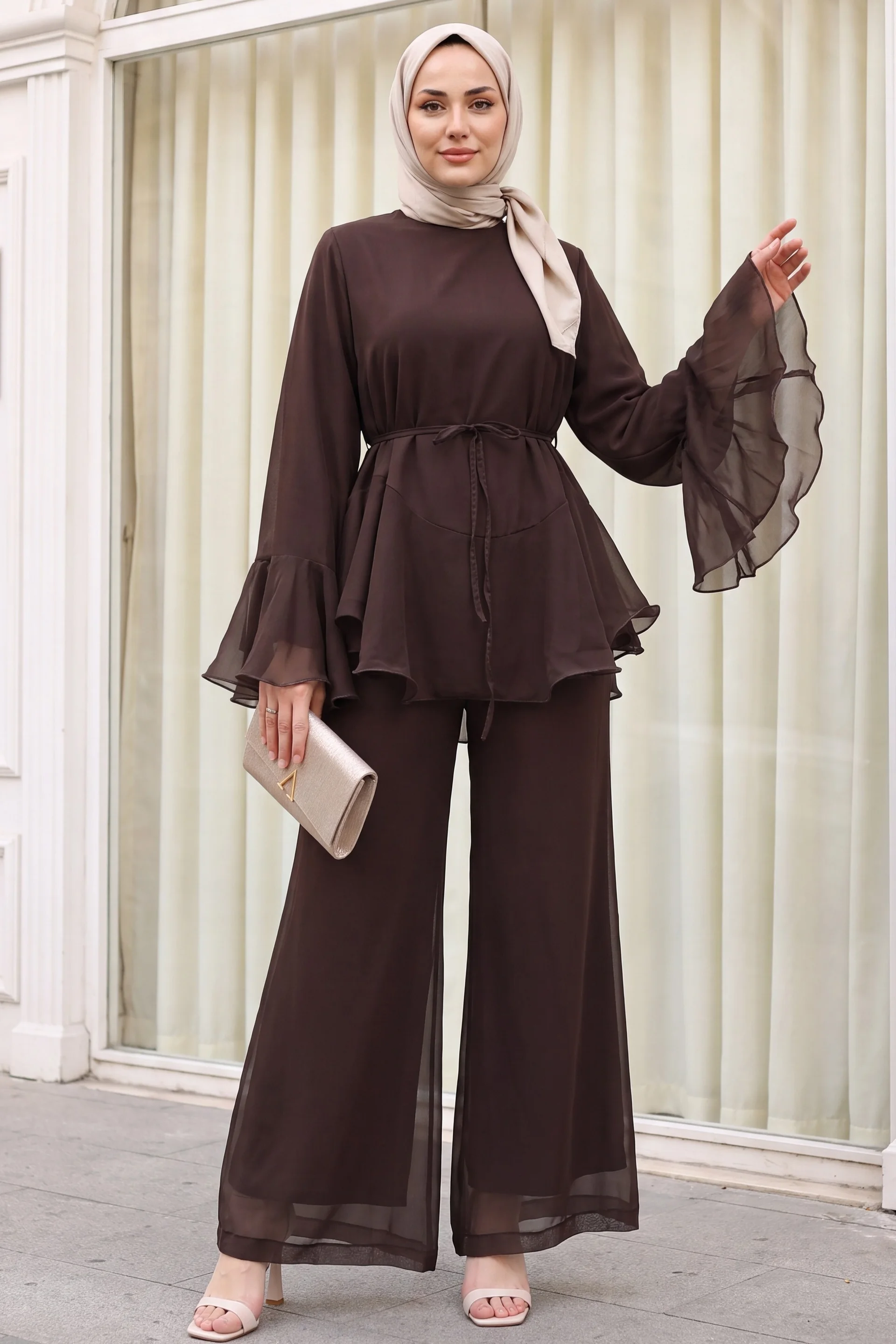 Dark Brown Ruffled Sleeve and Belted Lined Chiffon Blouse and Trousers Set - Podyumplus - by Peralane - photo 2