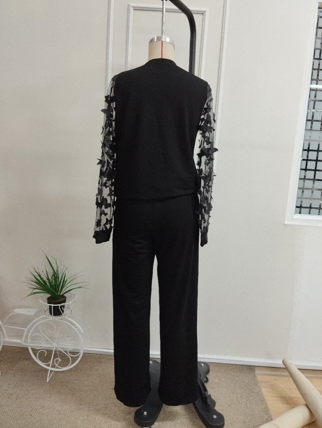Women's Long-Sleeve Cycling Neck Tulle Sleeve Viscose Two-Thread Blouse and Pants Two-Piece Set - Janes - by Peralane - photo 7