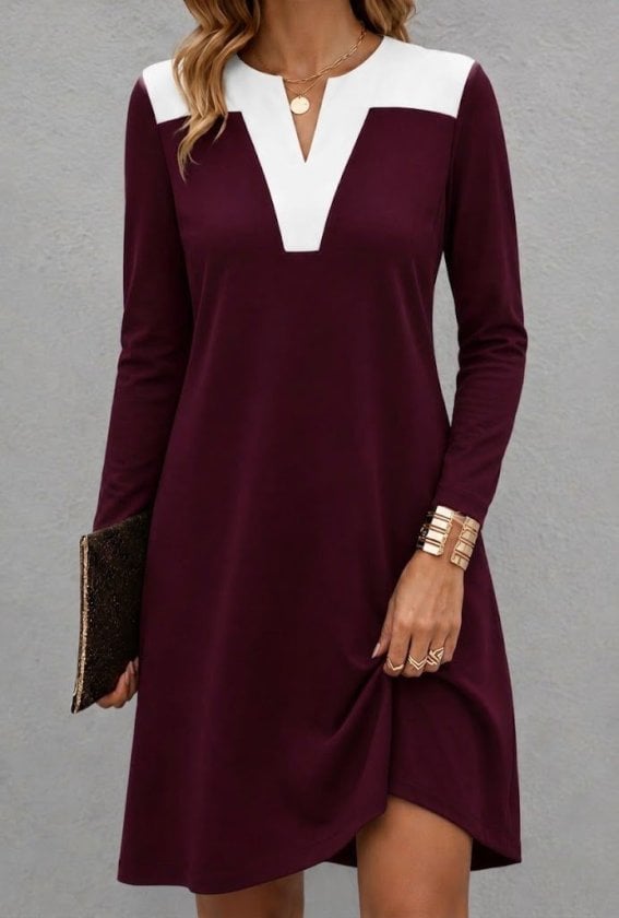 Women's Long Sleeve V-Neck Two-Tone Viscose Short Dress - Janes - by Peralane
