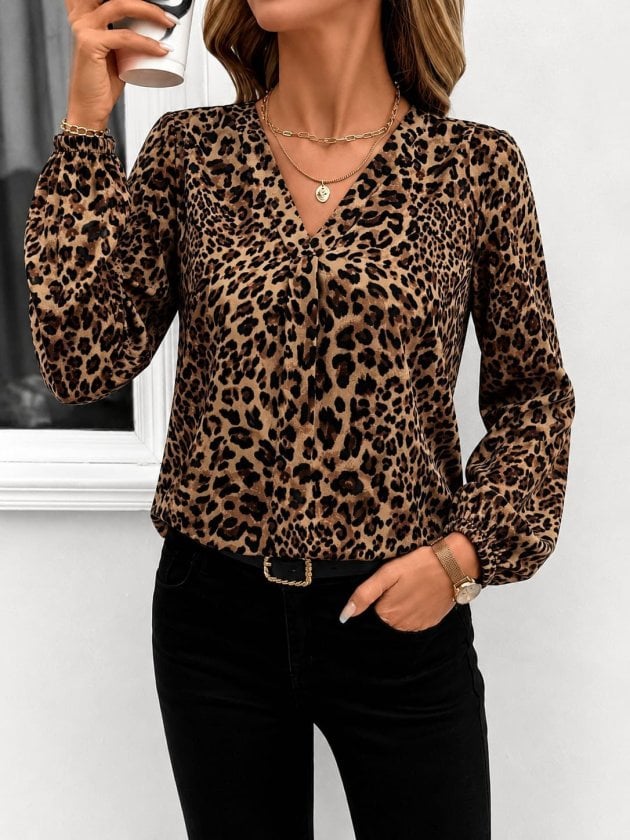 Women's Long-Sleeve V-Neck Leopard Print Blouse with Front Gathers - Janes - by Peralane