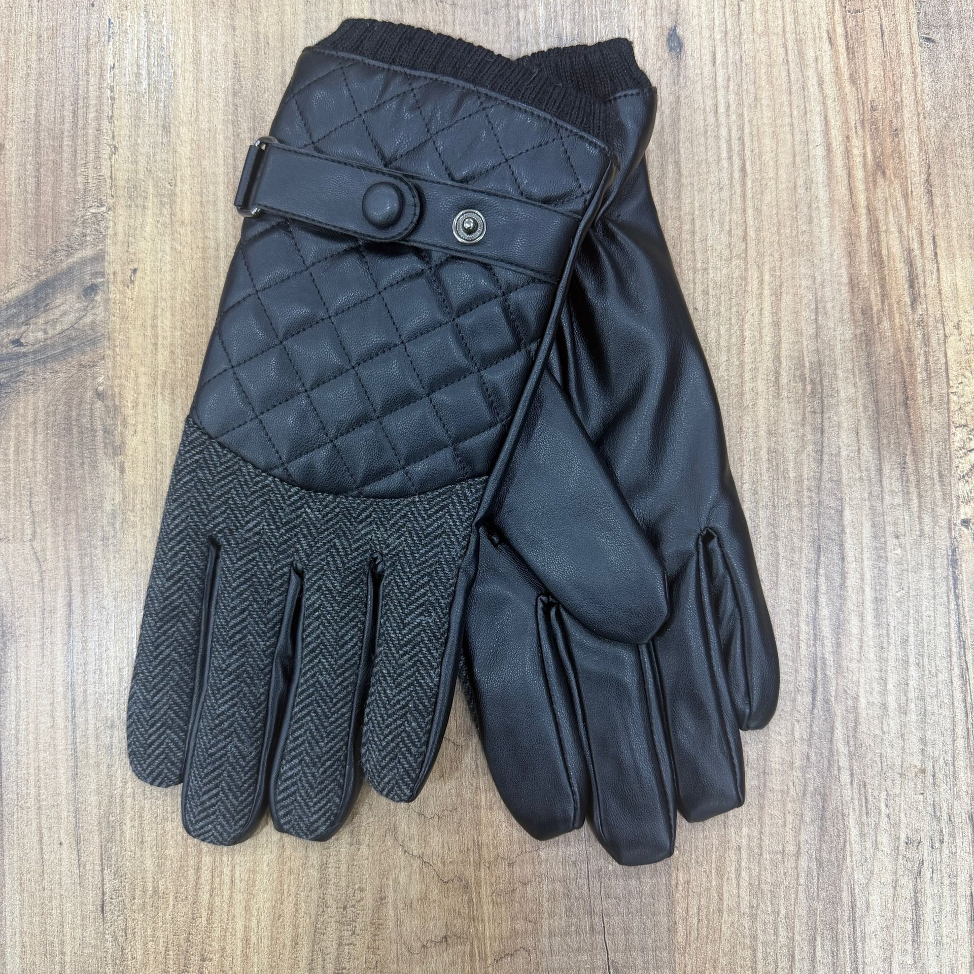 Black Quilted Faux Leather Gloves with Patterned Fabric and Strap - Nesvay - by Peralane