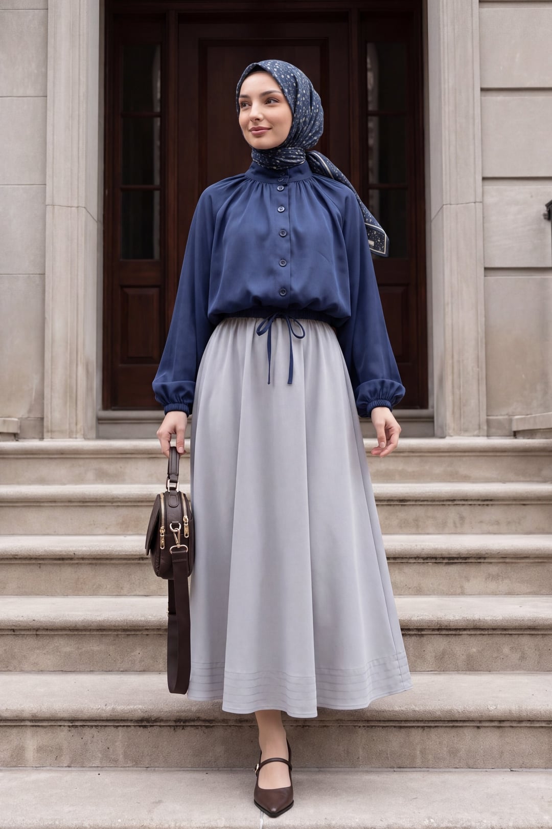 Navy Diagonal Blouse with High Collar and Elasticated Waist and Cuffs - Podyumplus - by Peralane - photo 3