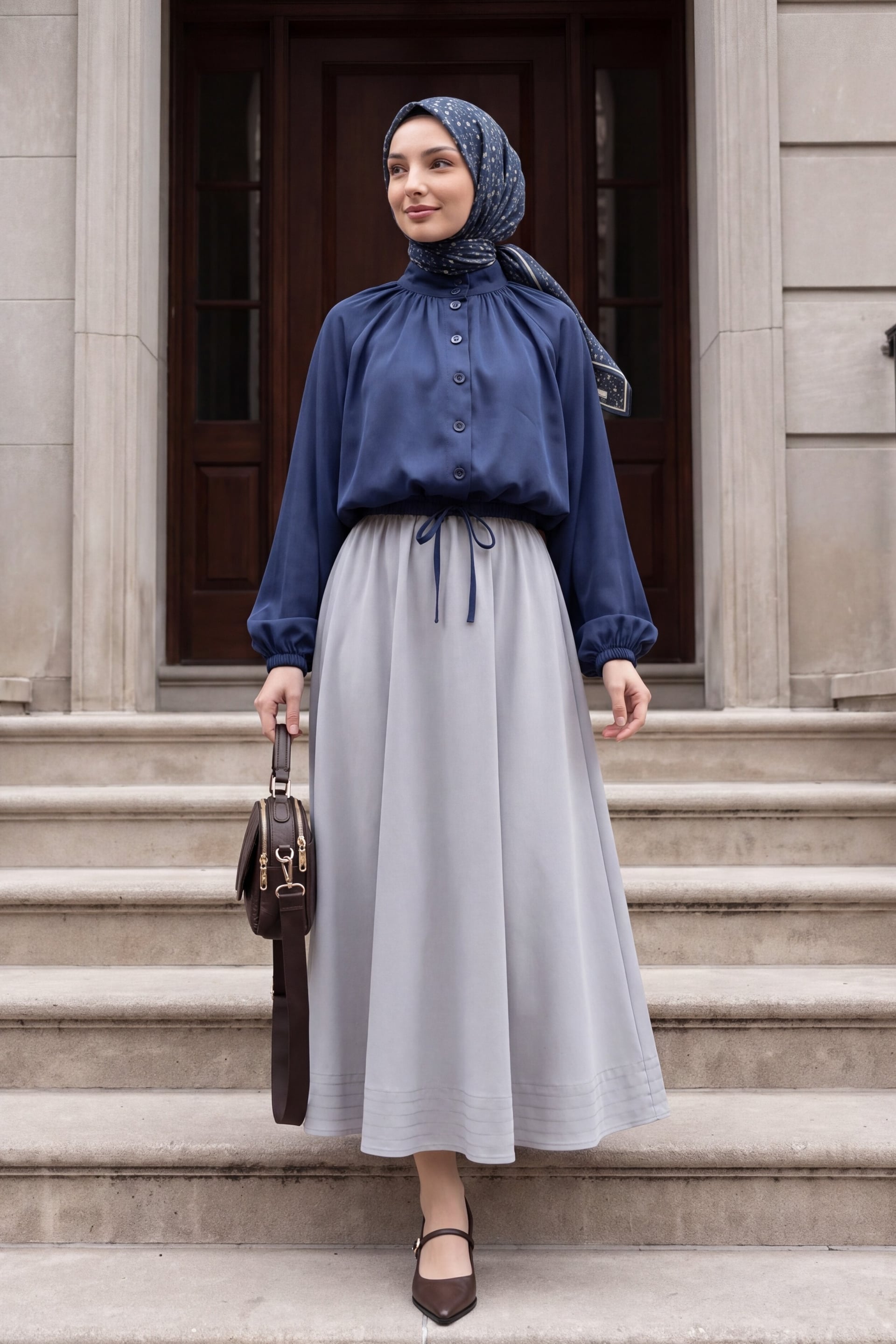 Navy Diagonal Blouse with High Collar and Elasticated Waist and Cuffs - Podyumplus - by Peralane - photo 3