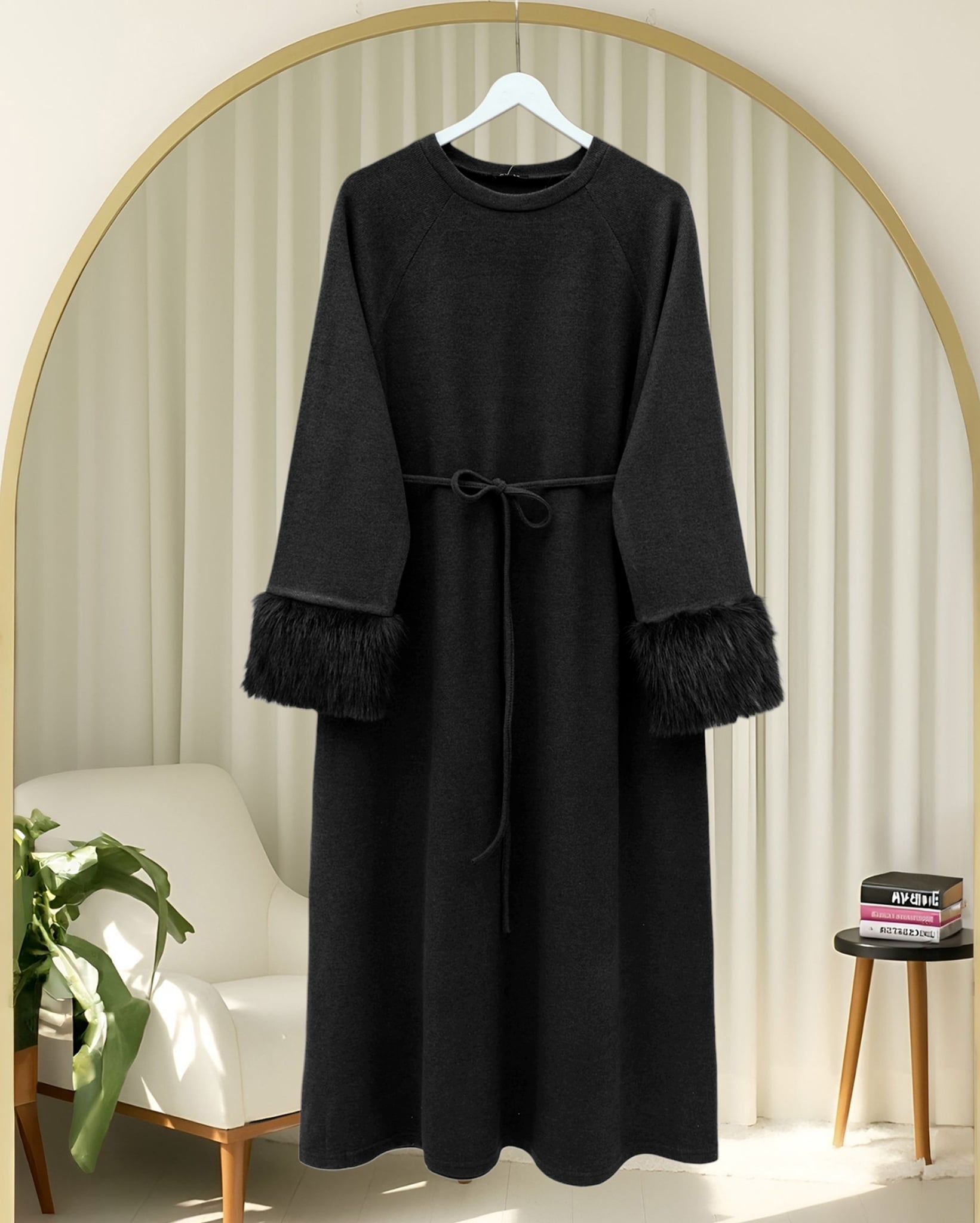 Black Long-Sleeved Knit Dress with Faux Fur Trim and Waist Tie - Podyumplus - by Peralane - photo 3