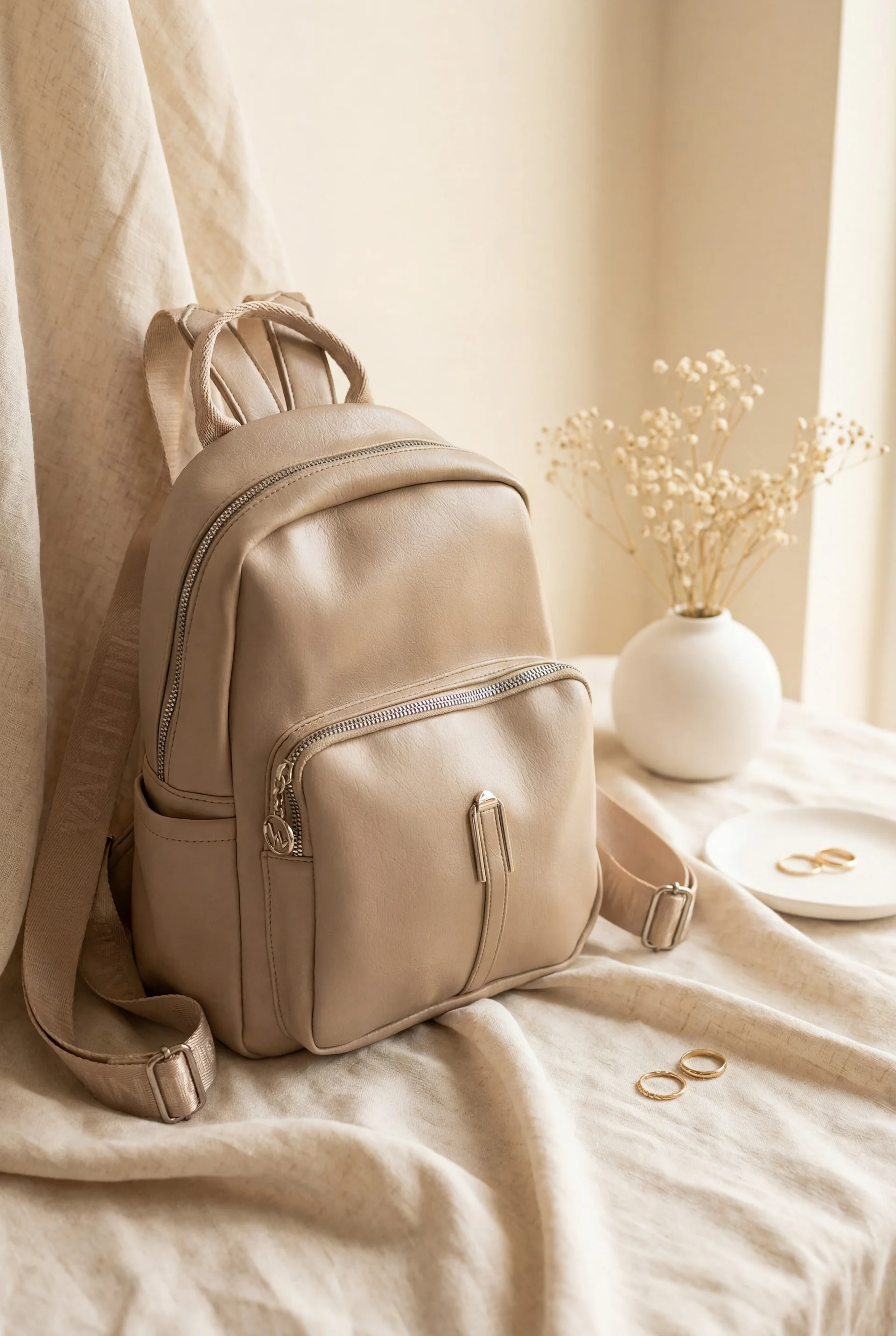 Women's Woven-Strap Double-Zip Backpack – Beige - Podyumplus - by Peralane