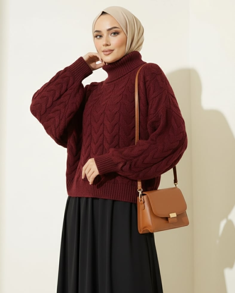 Maroon Cable-Knit Turtleneck Sweater - Podyumplus - by Peralane