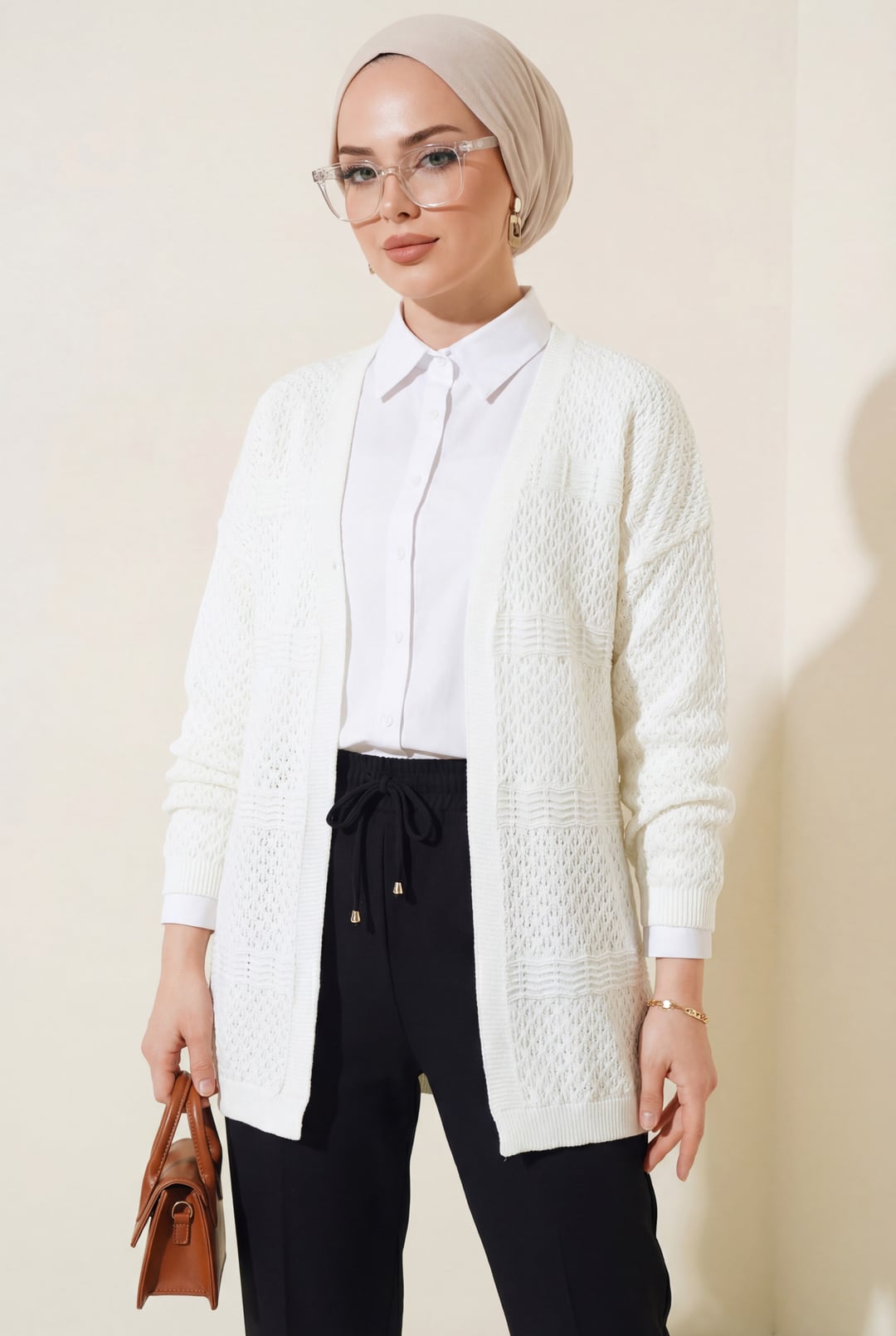 Openwork Wave Pattern Knit Cardigan - Ecru - Podyumplus - by Peralane