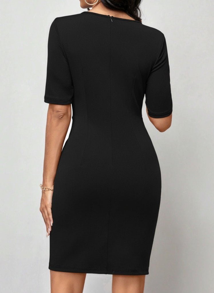 Women's Black Short-Sleeved Round-Neck Tulip Dress with Front Gathering - Janes - by Peralane - photo 3