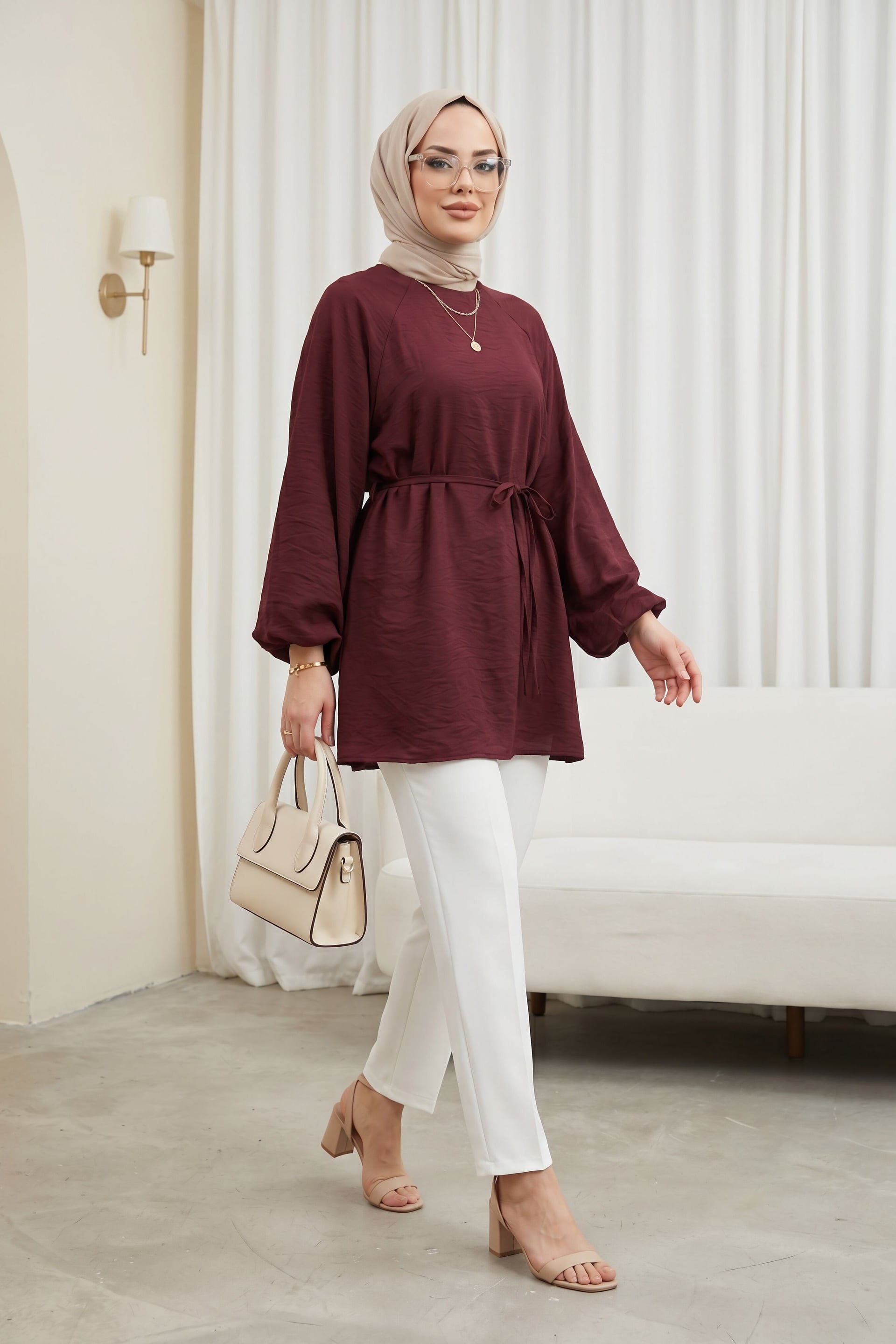 Balloon Sleeve Lined Zip-Up Tie-Front Cupro Tunic in Dark Burgundy - Podyumplus - by Peralane - photo 2