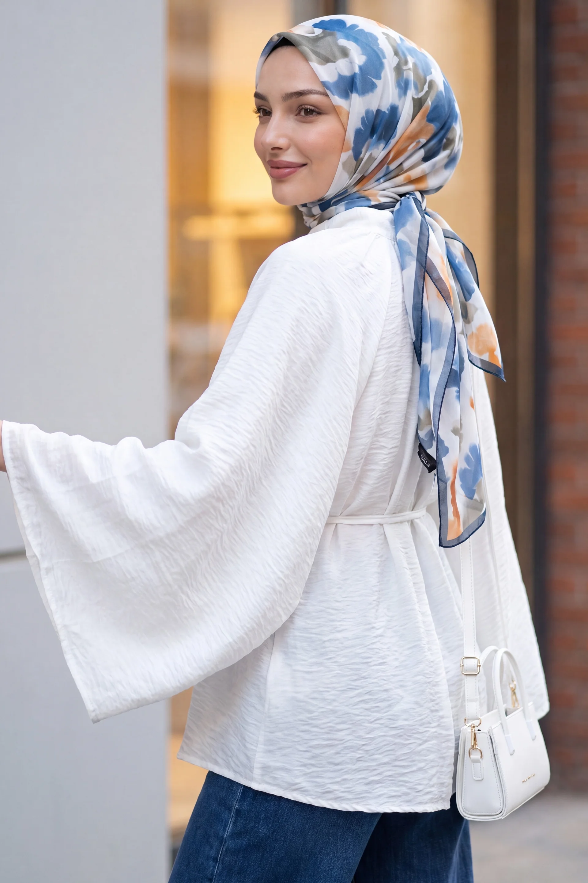 High Neck Belted Lined Spanish Sleeve Oversize Lyocell Tunic - White - Podyumplus - by Peralane - photo 3