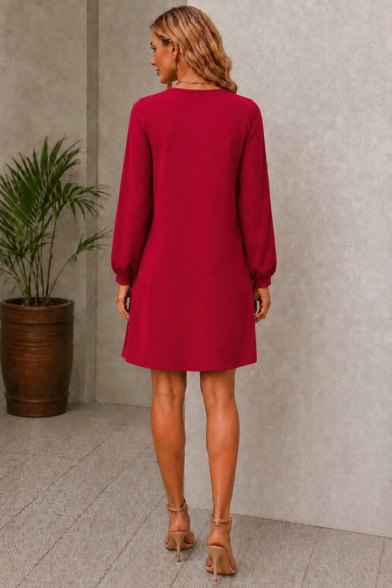 Women's Long-Sleeved Round Neck Lace Pleated Short Crepe Dress - Janes - by Peralane - photo 3