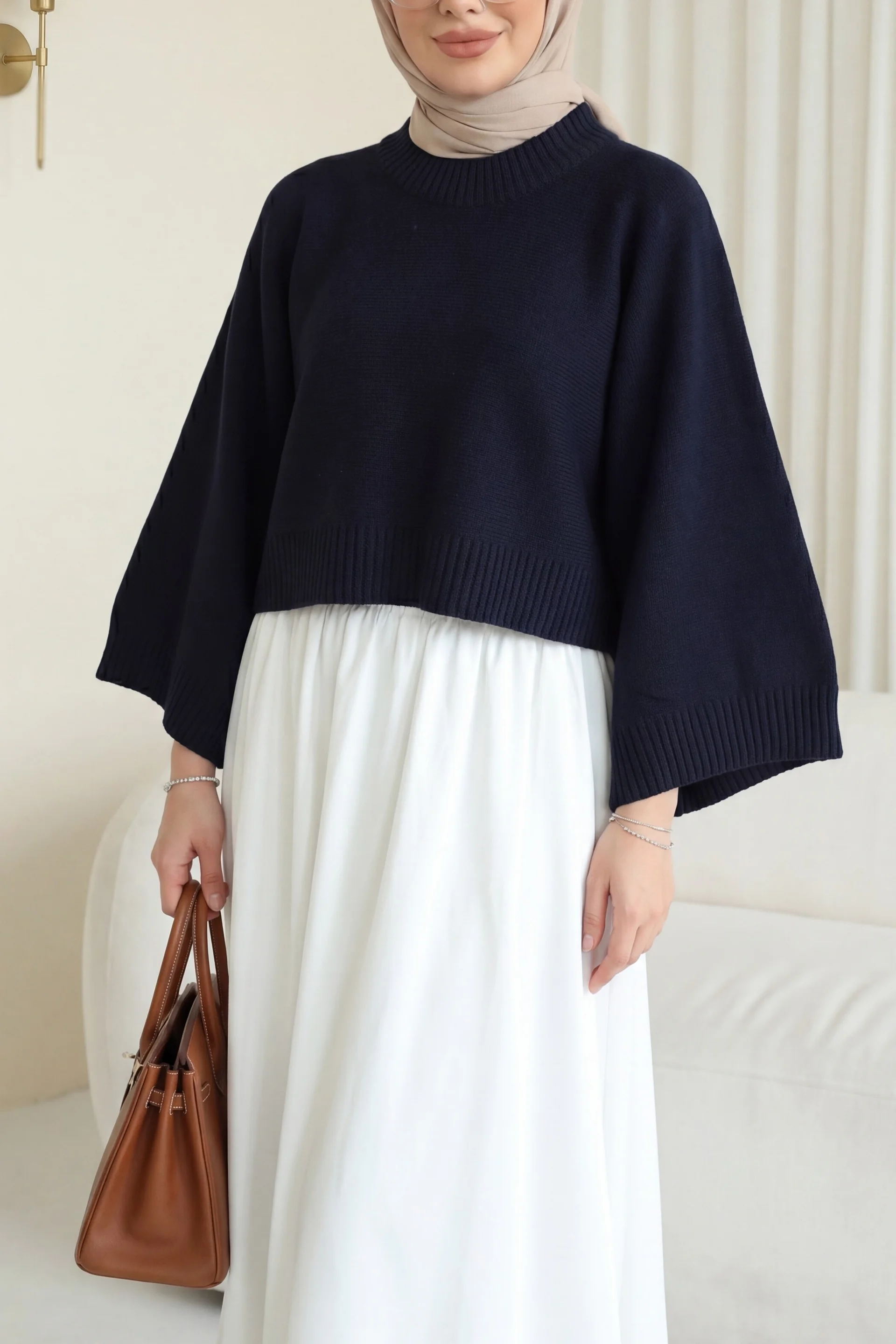 Women's Half Mock Neck Batwing Sleeve Tunic Sweater in Navy - Podyumplus - by Peralane