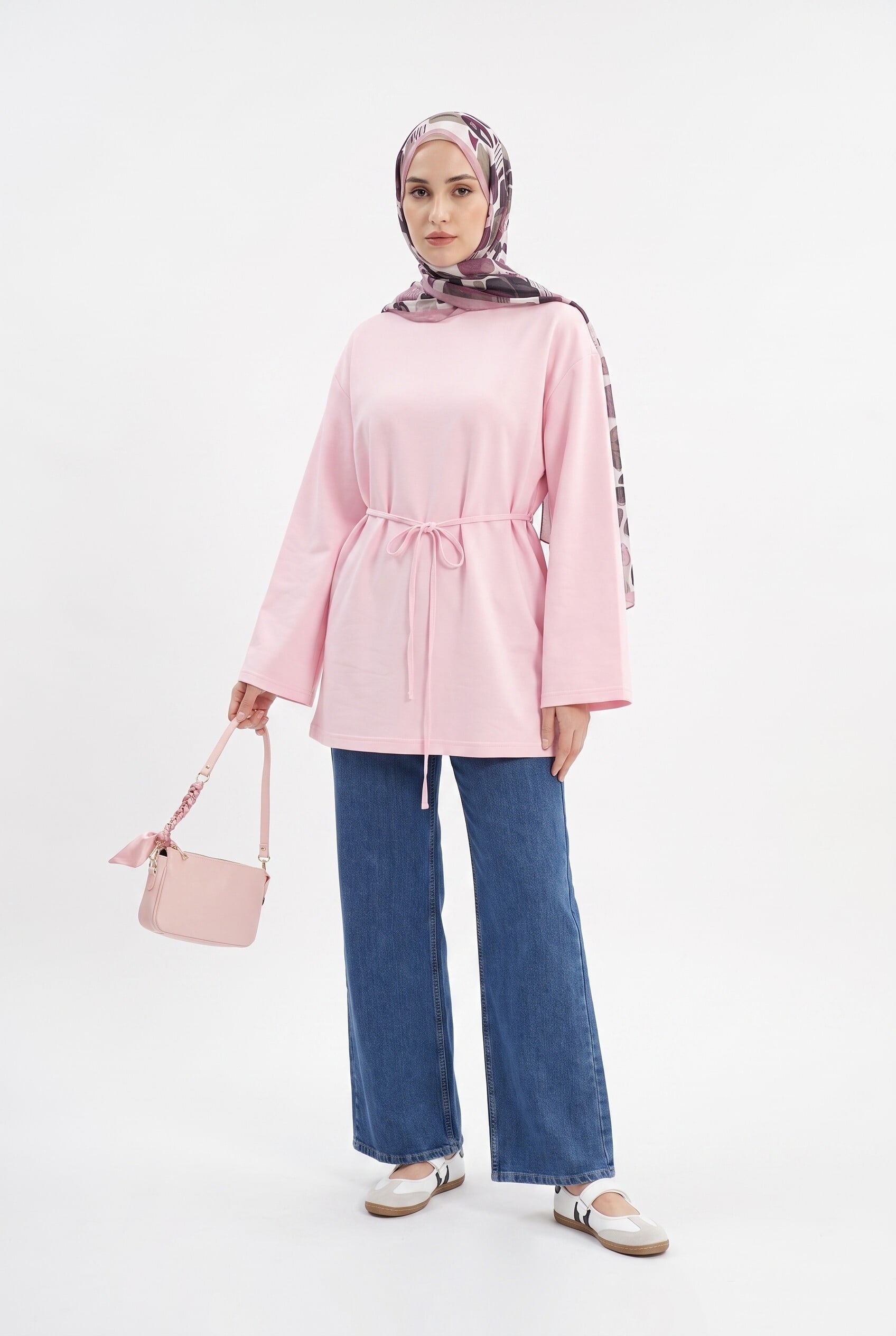 Round Neck Tie-Waist Jersey Tunic - Powder Pink - Podyumplus - by Peralane - photo 8