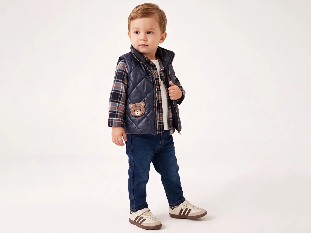 Boys' Quilted Vest and Checked Shirt Set - Navy (Pack of 4) - Canoz - by Peralane