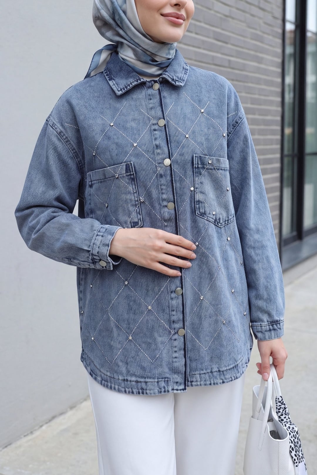 Double Pocket Stone Button Front Denim Jacket - Ice Blue - Podyumplus - by Peralane
