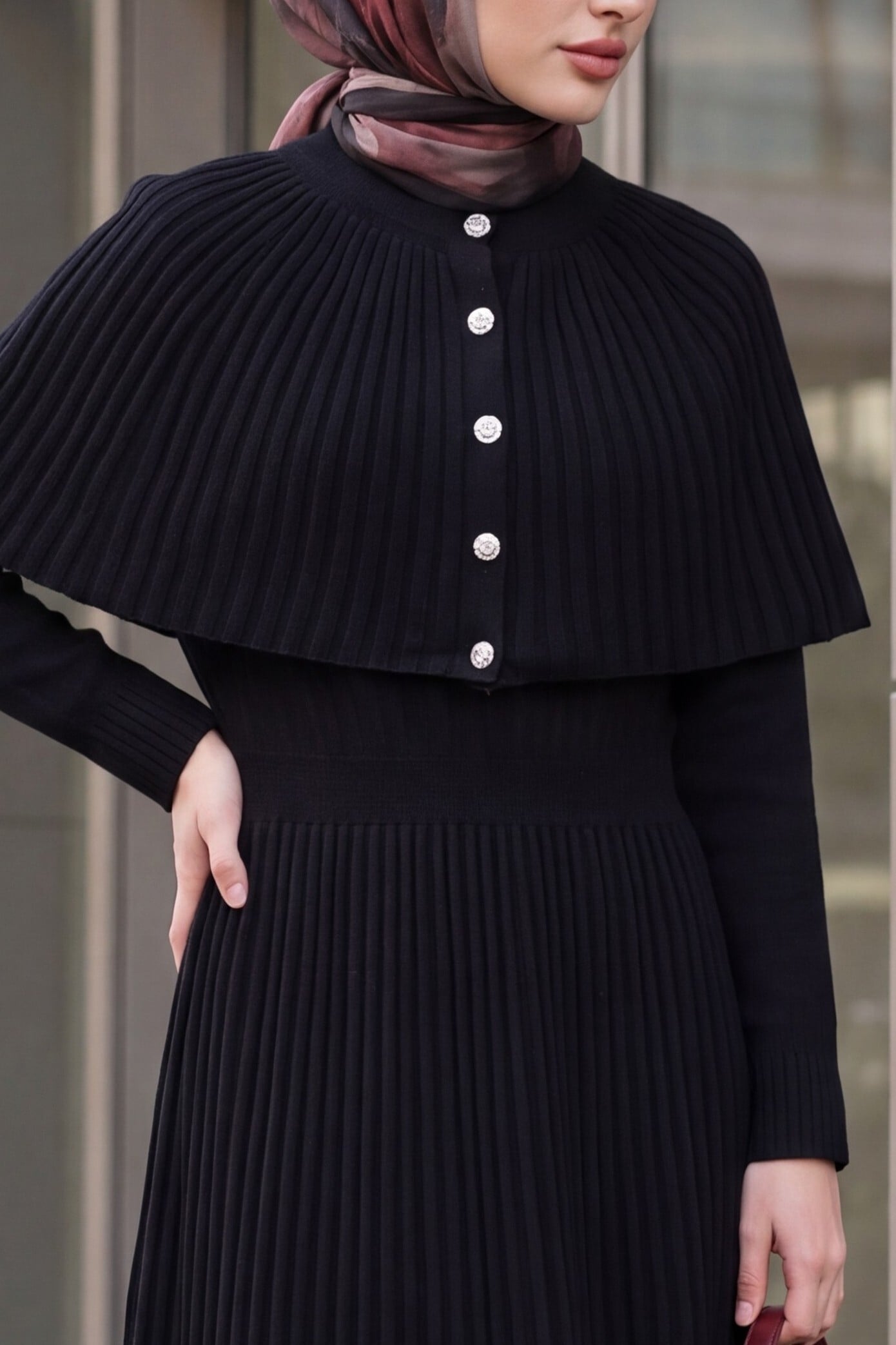 Ribbed Skirt Long Knit Dress with Cape Detail - Black - Podyumplus - by Peralane - photo 2