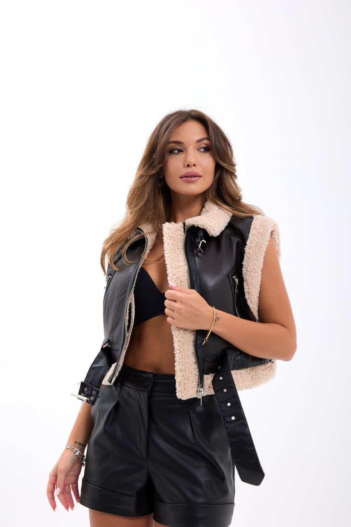 Faux Leather Vest with Faux Shearling Lining in Brown - Fame - by Peralane - photo 5