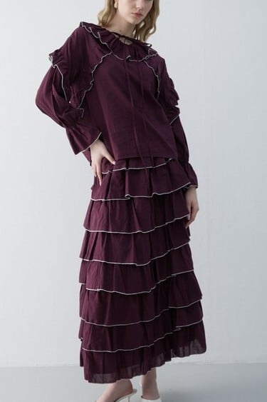 Tiered Skirt and Ruffled Blouse Set in Plum with White Piping - Podyumplus - by Peralane - photo 7