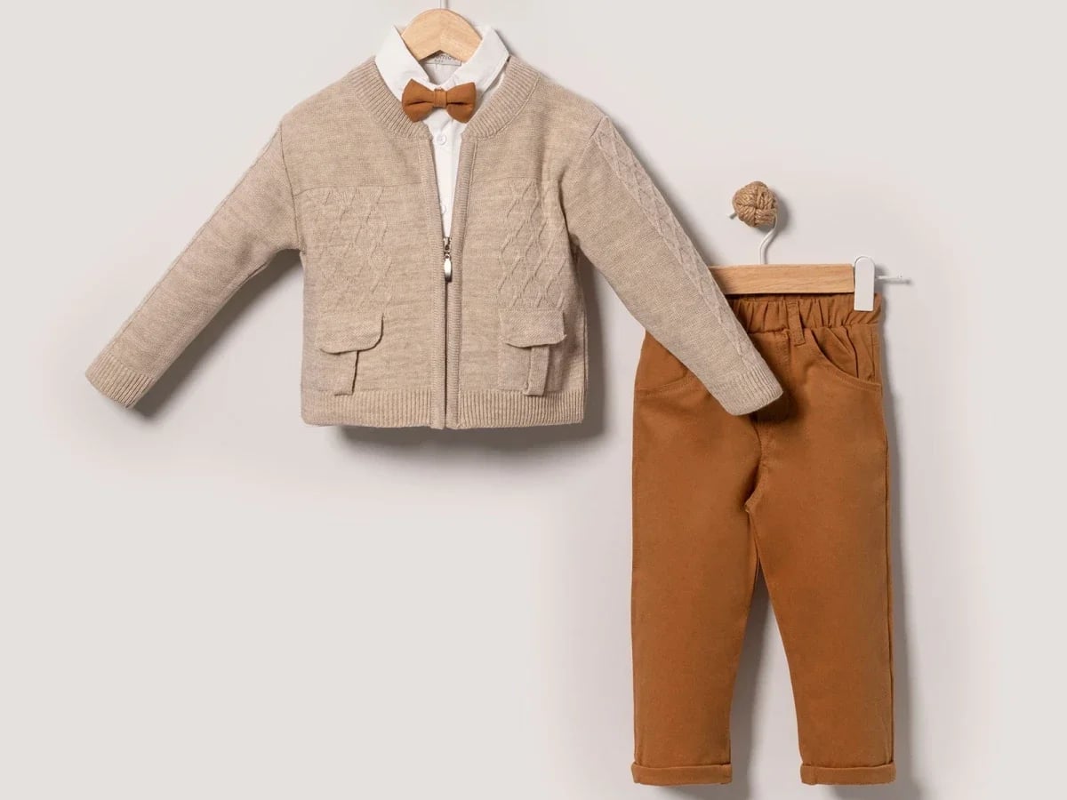 Boys' 3-Piece Set with Cardigan, Shirt, Bow Tie and Trousers - Beige - Eymus - by Peralane
