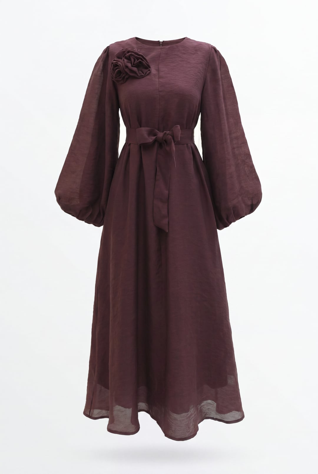 Brooch Detail Belted Lined Balloon Sleeve Tulle Voile Dress - Plum - Podyumplus - by Peralane - photo 6