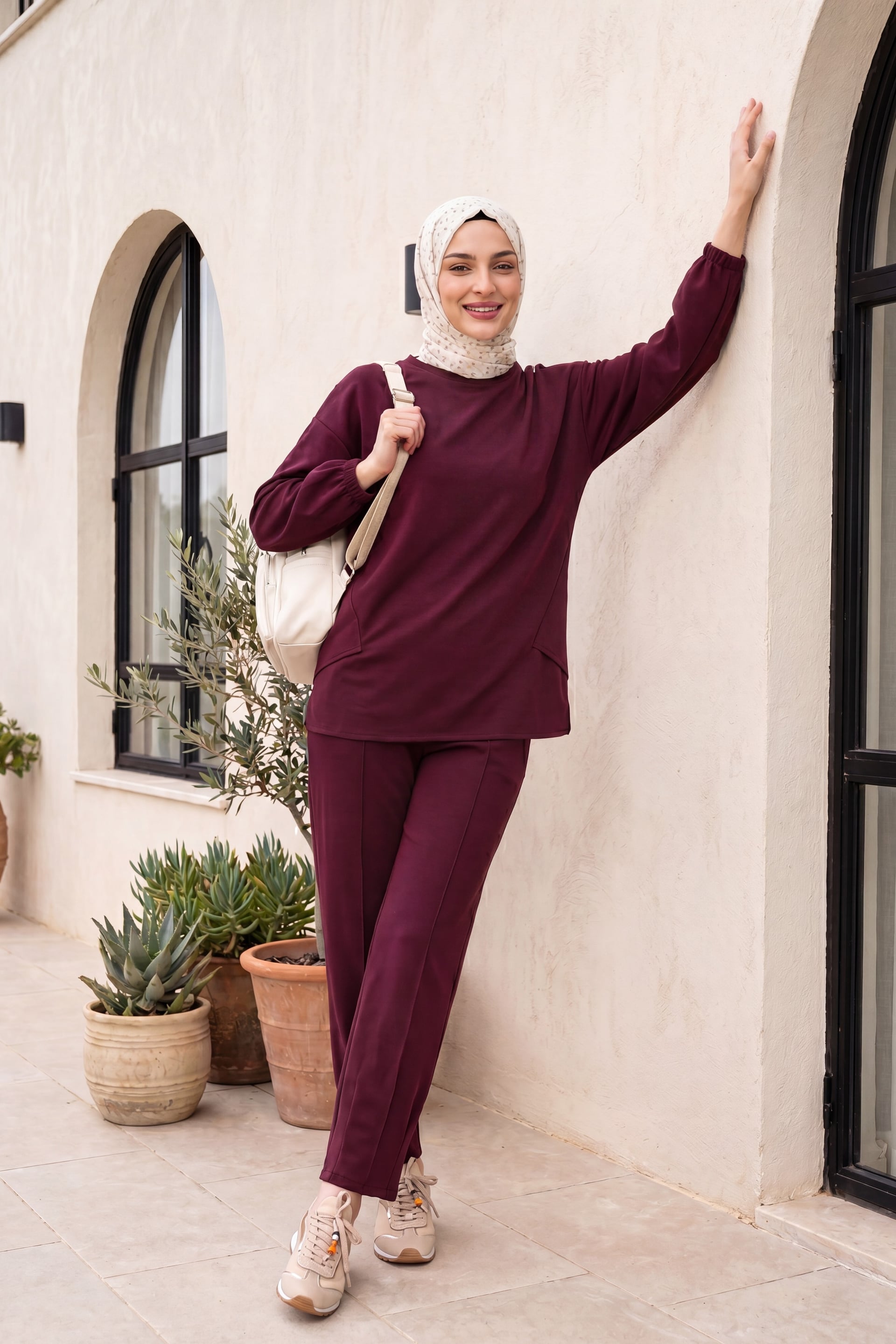 Long Back Biker Neck Long-Sleeved Tracksuit Set with Trousers - Burgundy - Podyumplus - by Peralane - photo 2