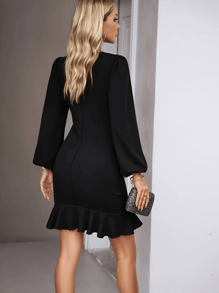Women's Long-Sleeved Round Neck Crepe Dress with Front Flounce - Janes - by Peralane - photo 12
