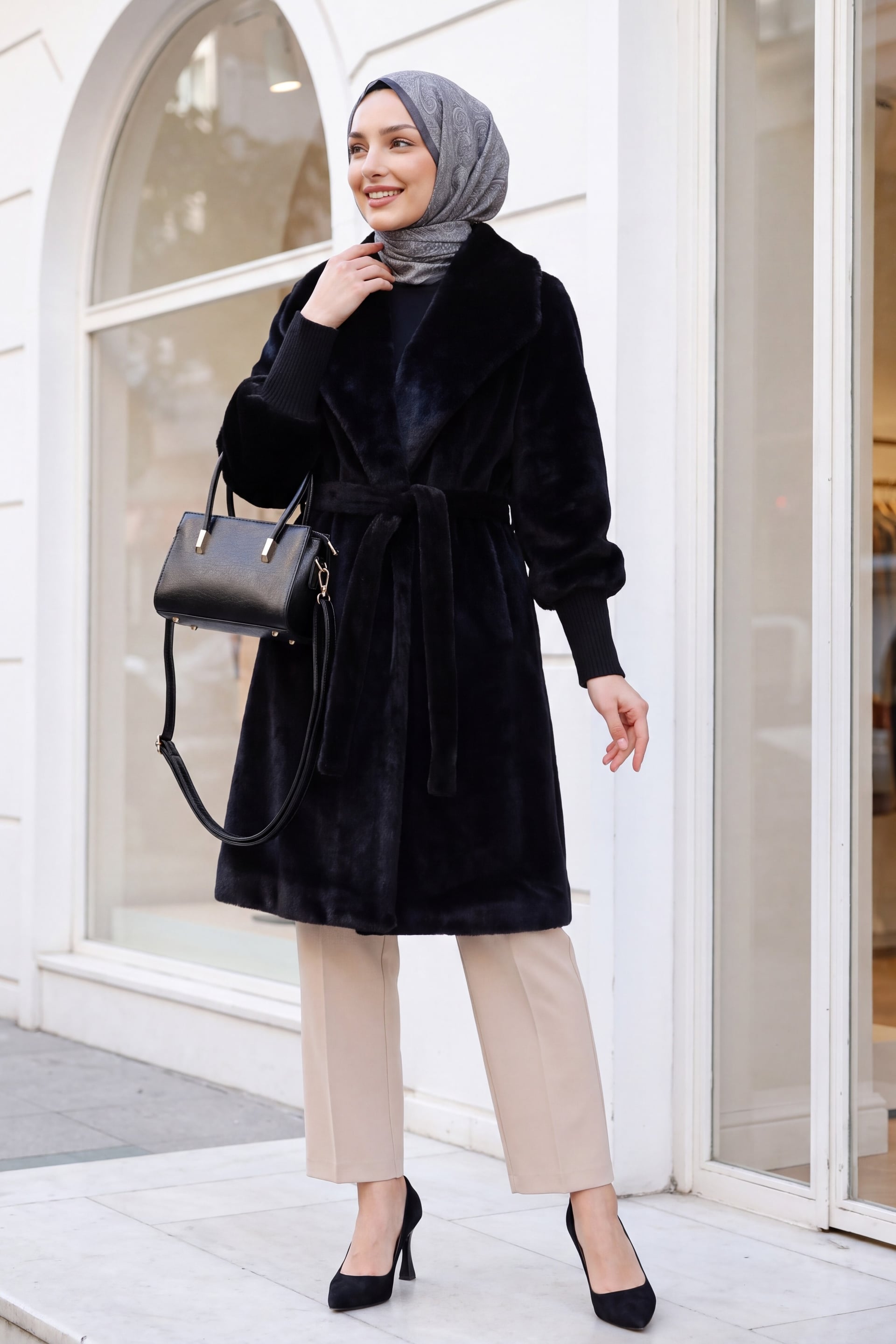 Black Shawl Collar Lined Faux Fur Coat with Ribbed Cuffs - Podyumplus - by Peralane