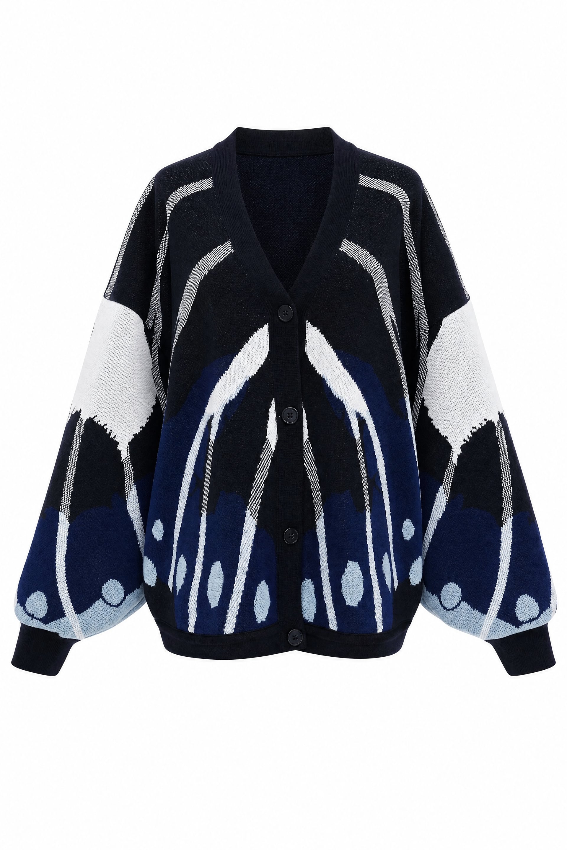 V-Neck Buttoned Patterned Batwing Sleeve Double Placket Knit Cardigan - Navy - Podyumplus - by Peralane - photo 5