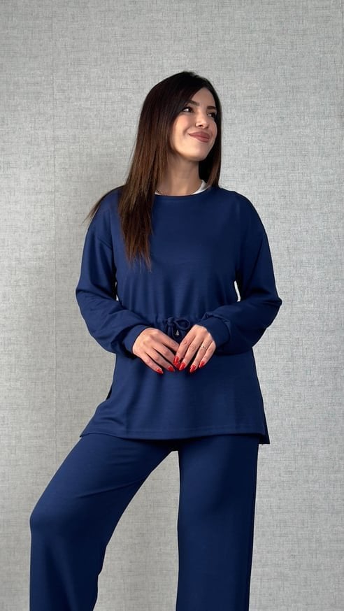 Women's Long Sleeve Crew Neck Drawstring Waist Viscose Two-Thread Top and Trousers Two-Piece Set - Janes - by Peralane