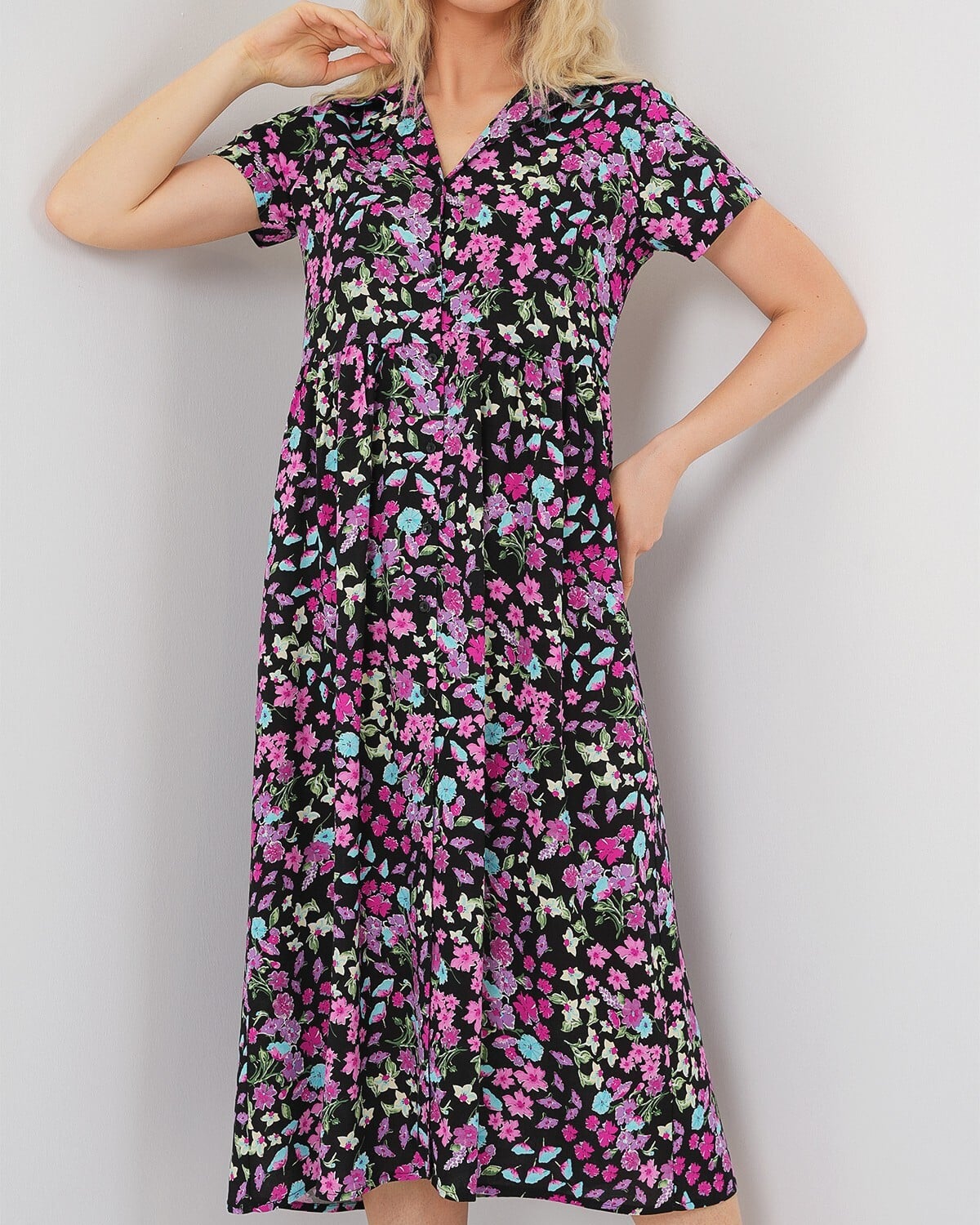 Women's Floral Print Short Sleeve Button-Front Midi Dress - Black - Bigdart - by Peralane - photo 2
