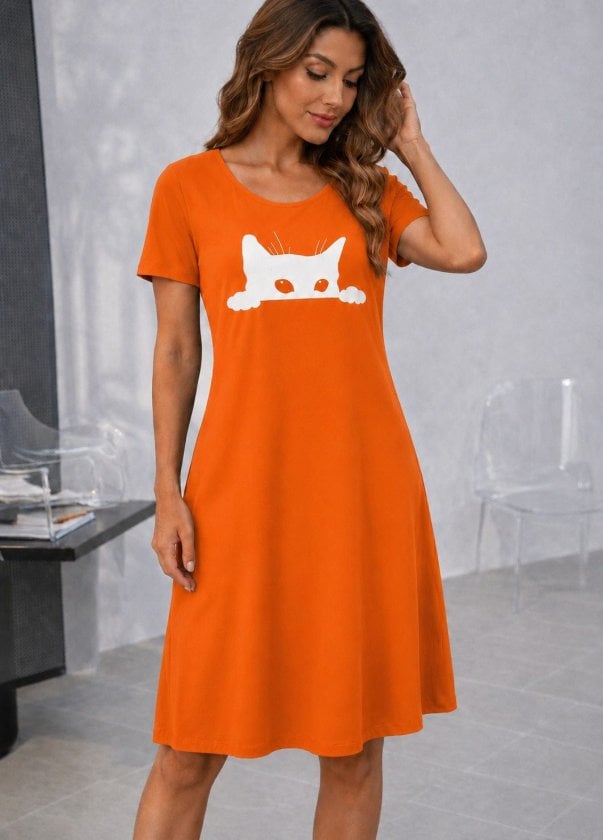 Women's Short-Sleeve Cat Print Jersey Night Dress - Janes - by Peralane - photo 3