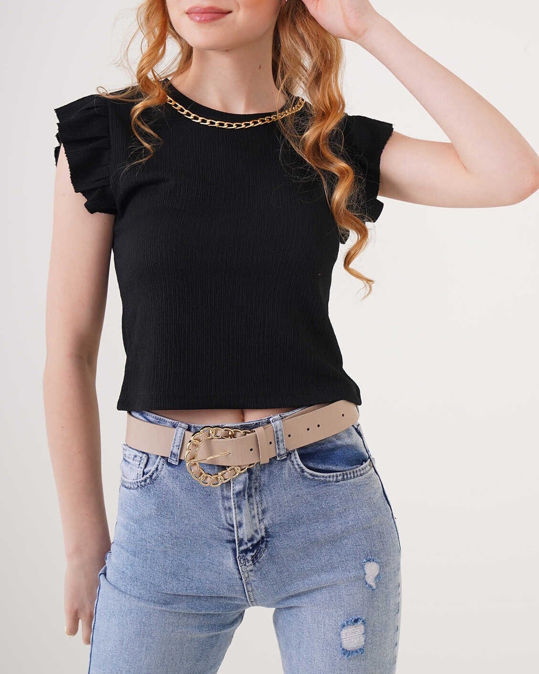 Black Ribbed Knit Blouse with Ruffled Cap Sleeves - Bigdart - by Peralane
