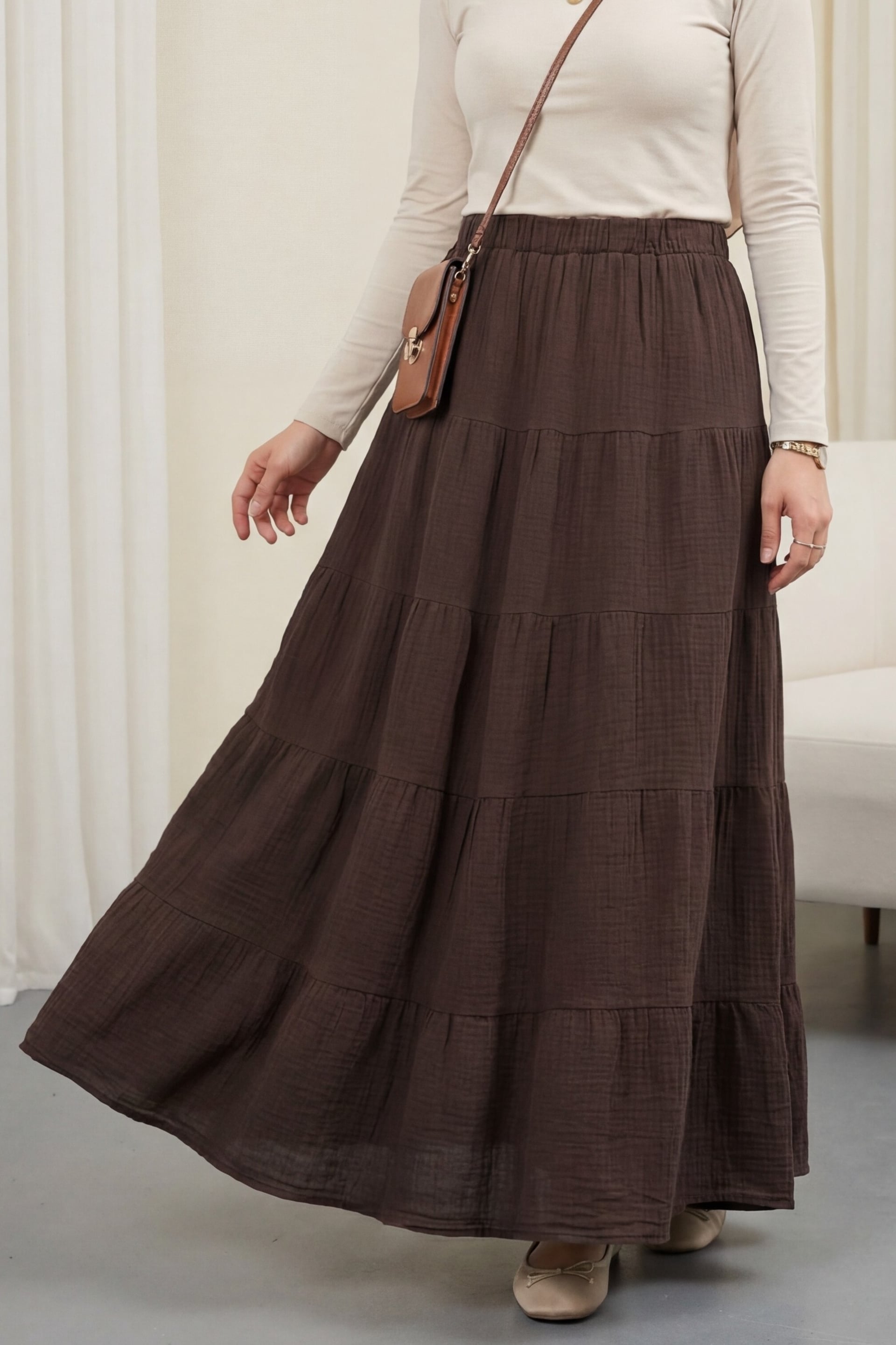 Elasticated Tiered Muslin Maxi Skirt in Brown - Podyumplus - by Peralane - photo 2