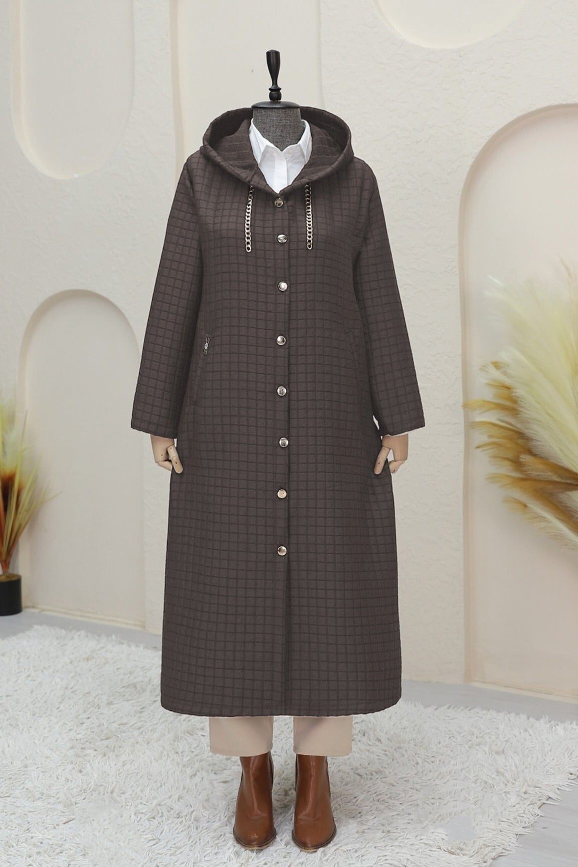 Long Quilted Coat with Chain Detail Hood - Brown - Podyumplus - by Peralane - photo 4