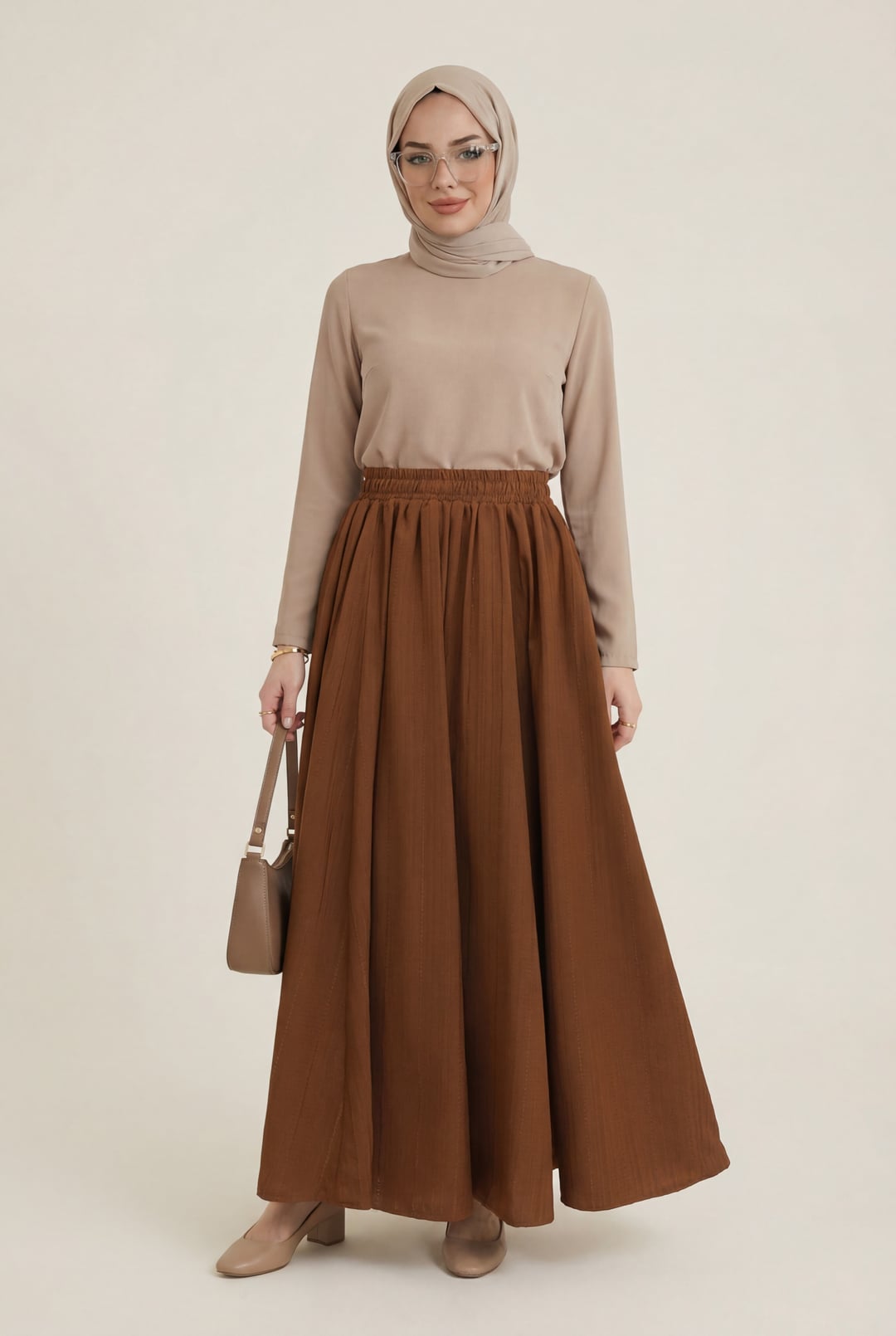 Elasticated Waist Long Pleated Skirt - Tan - Podyumplus - by Peralane - photo 4