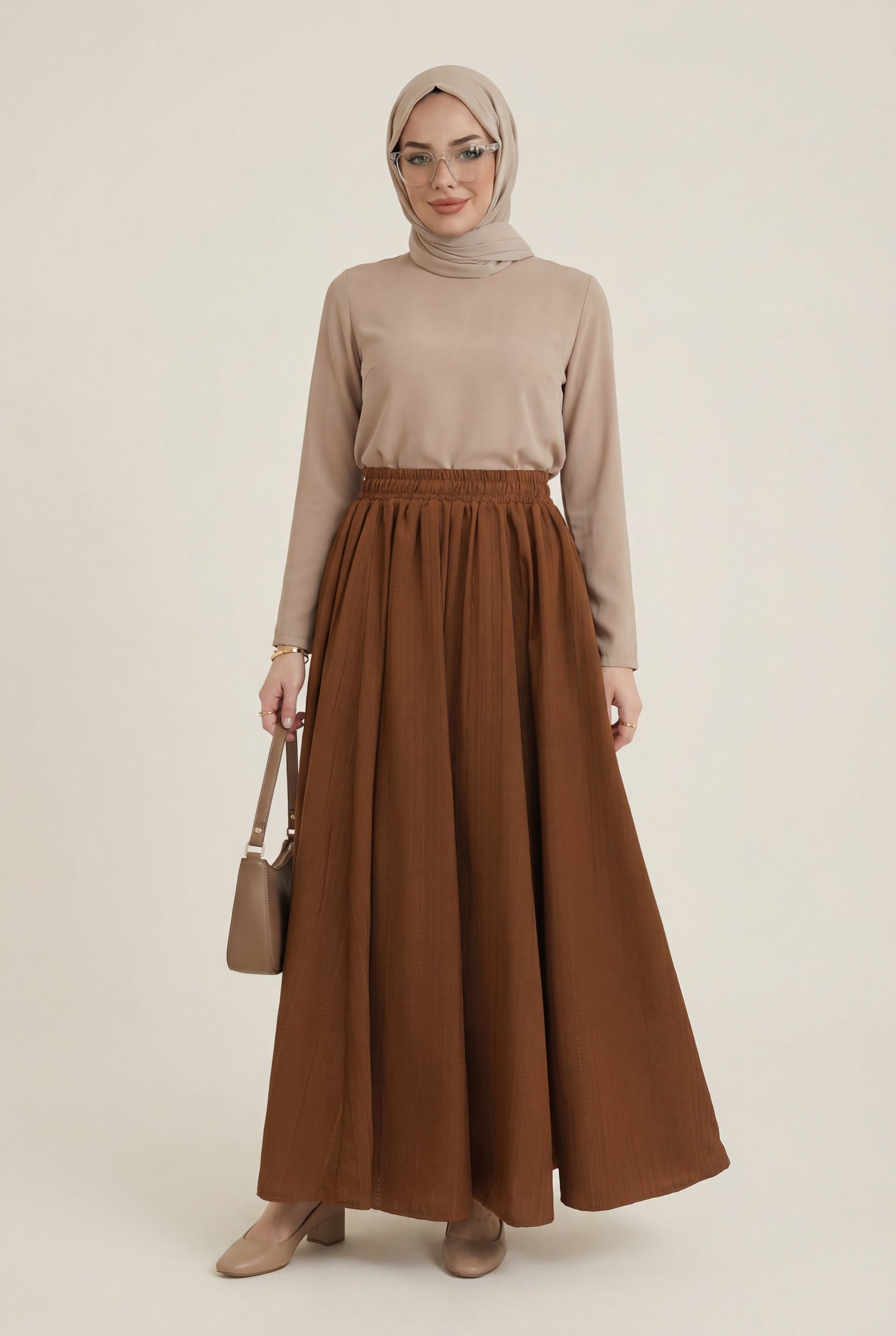 Elasticated Waist Long Pleated Skirt - Tan - Podyumplus - by Peralane - photo 4