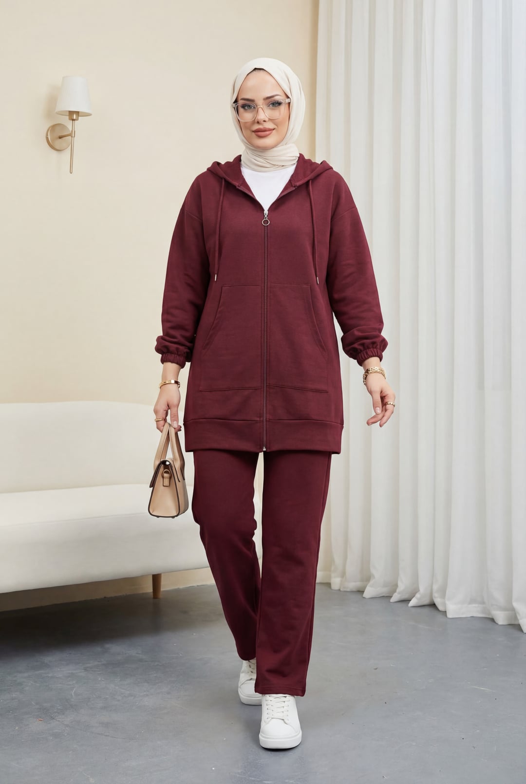 Zip-Up Hooded Lounge Set - Burgundy - Podyumplus - by Peralane