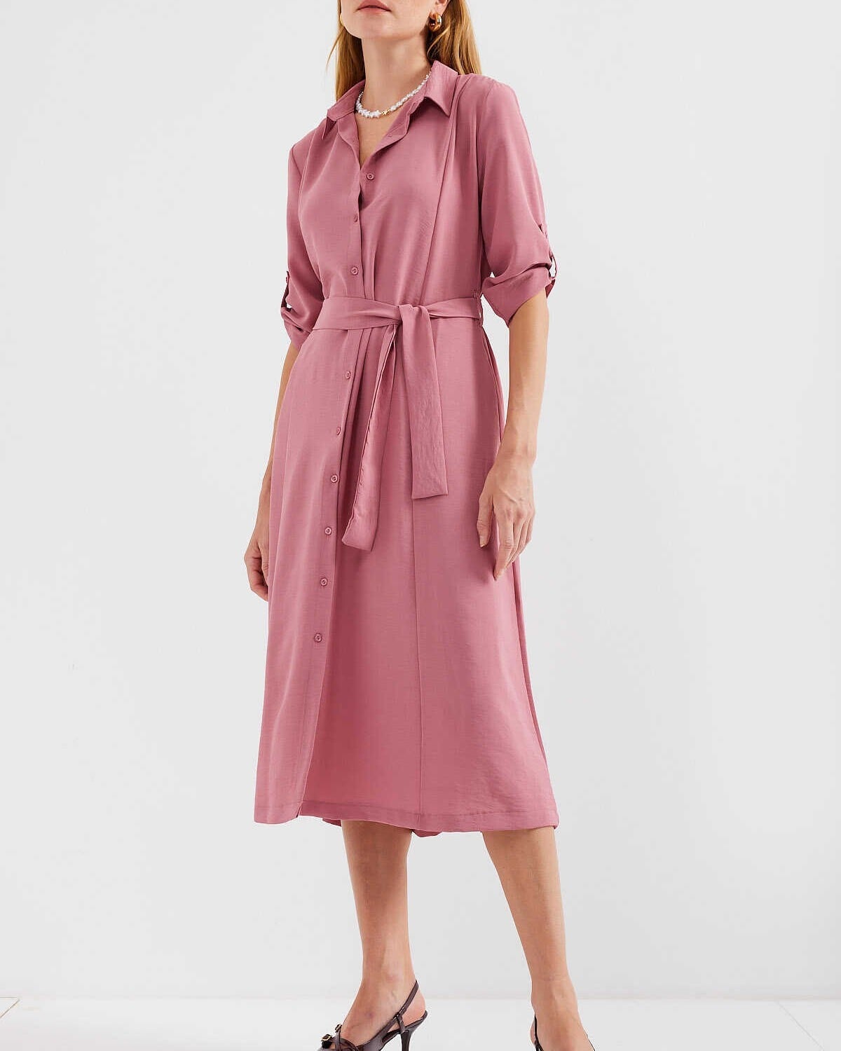 Belted Shirt Dress in Dusty Rose - Womens Midi Dress - Bigdart - by Peralane - photo 2