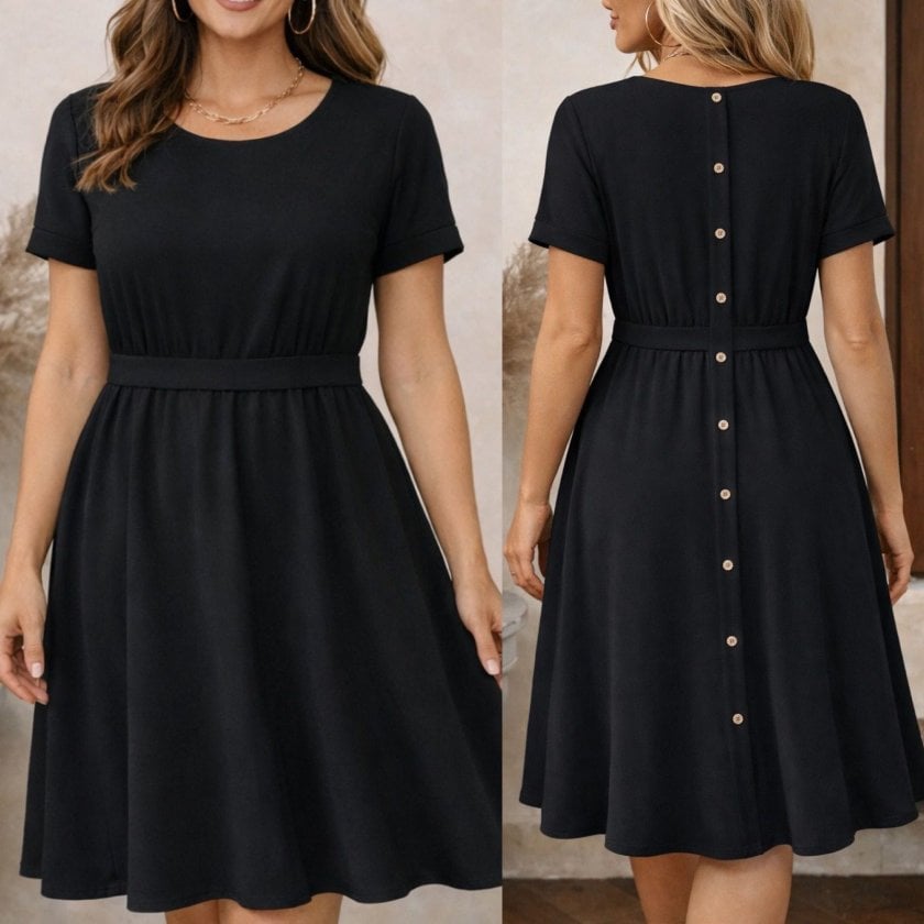 Women's Black Short-Sleeved Round Neck Viscose Midi Dress with Back Buttons - Janes - by Peralane