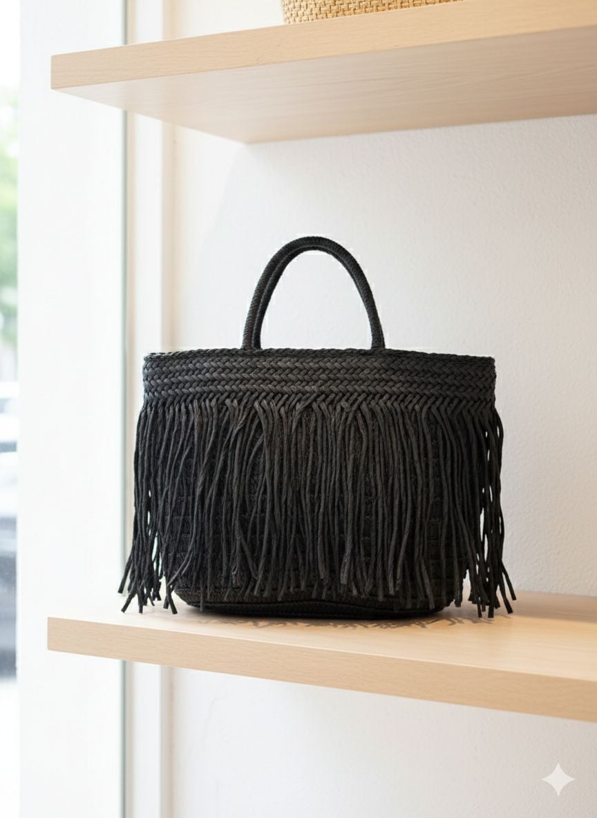 Black Woven Fringe Straw Bag with Braided Handles 41x29 cm - Nesvay - by Peralane