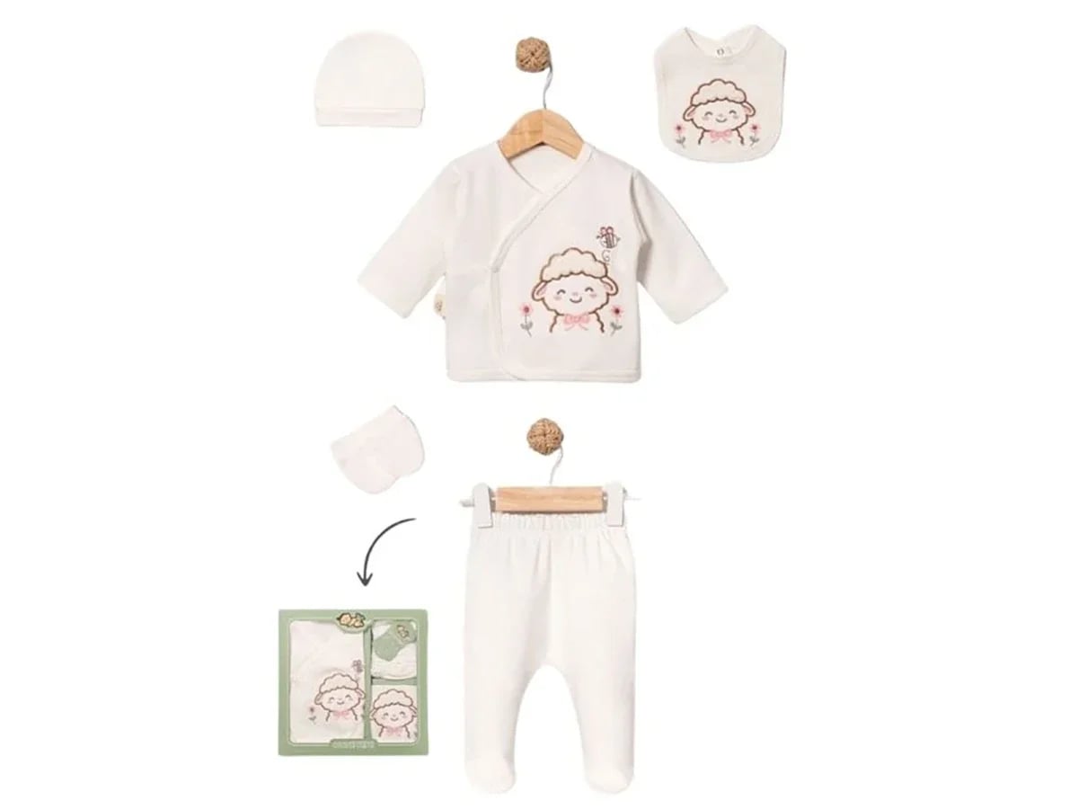 Newborn 5-Piece Hospital Exit Set with Sheep Embroidery - Pink/Cream - Baby Zuhu - by Peralane