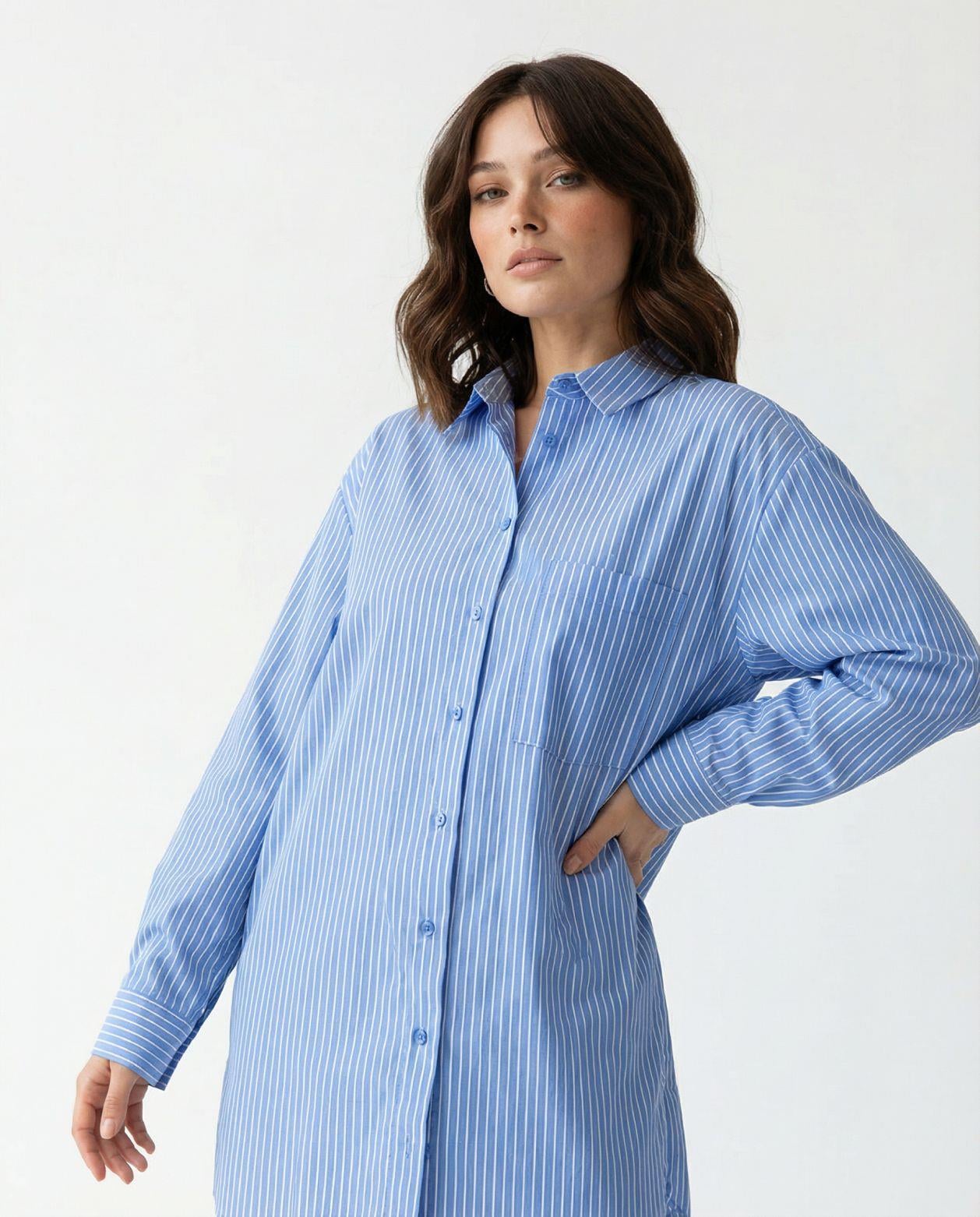 Women's Blue and White Striped Shirt Dress with Collar - Fame - by Peralane - photo 5