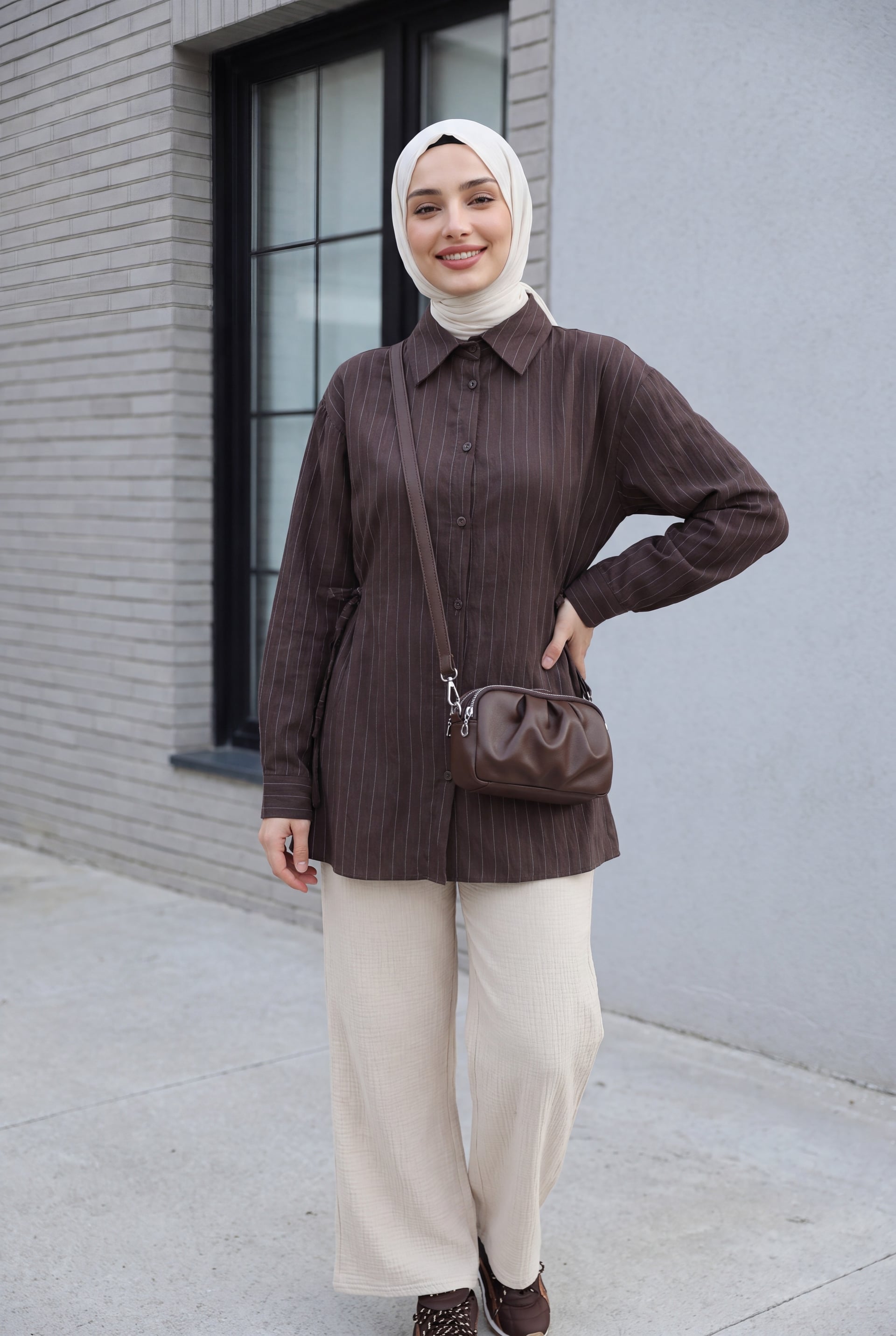 Side Lace-Up Striped Button Modal Tunic - Brown - Podyumplus - by Peralane - photo 4