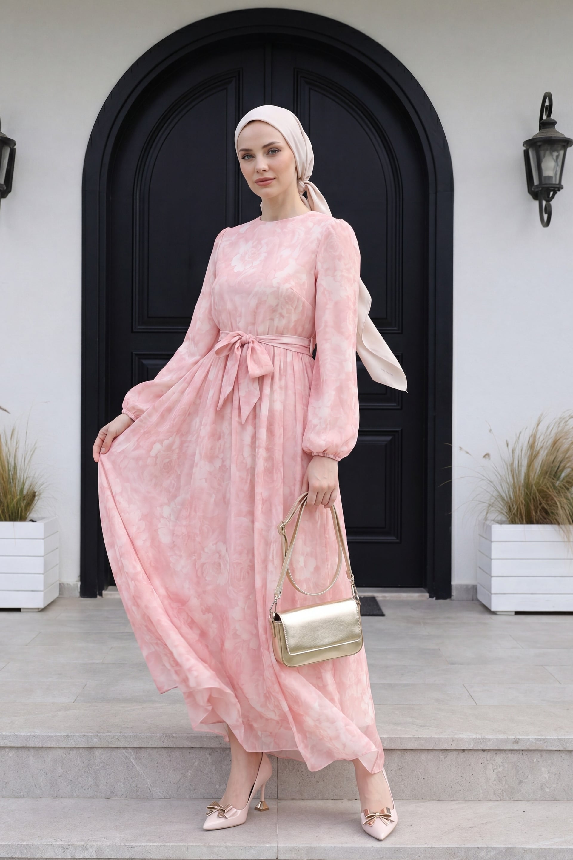 Pink Belted Balloon Sleeve Lined Tulle Voile Maxi Dress - Podyumplus - by Peralane - photo 2