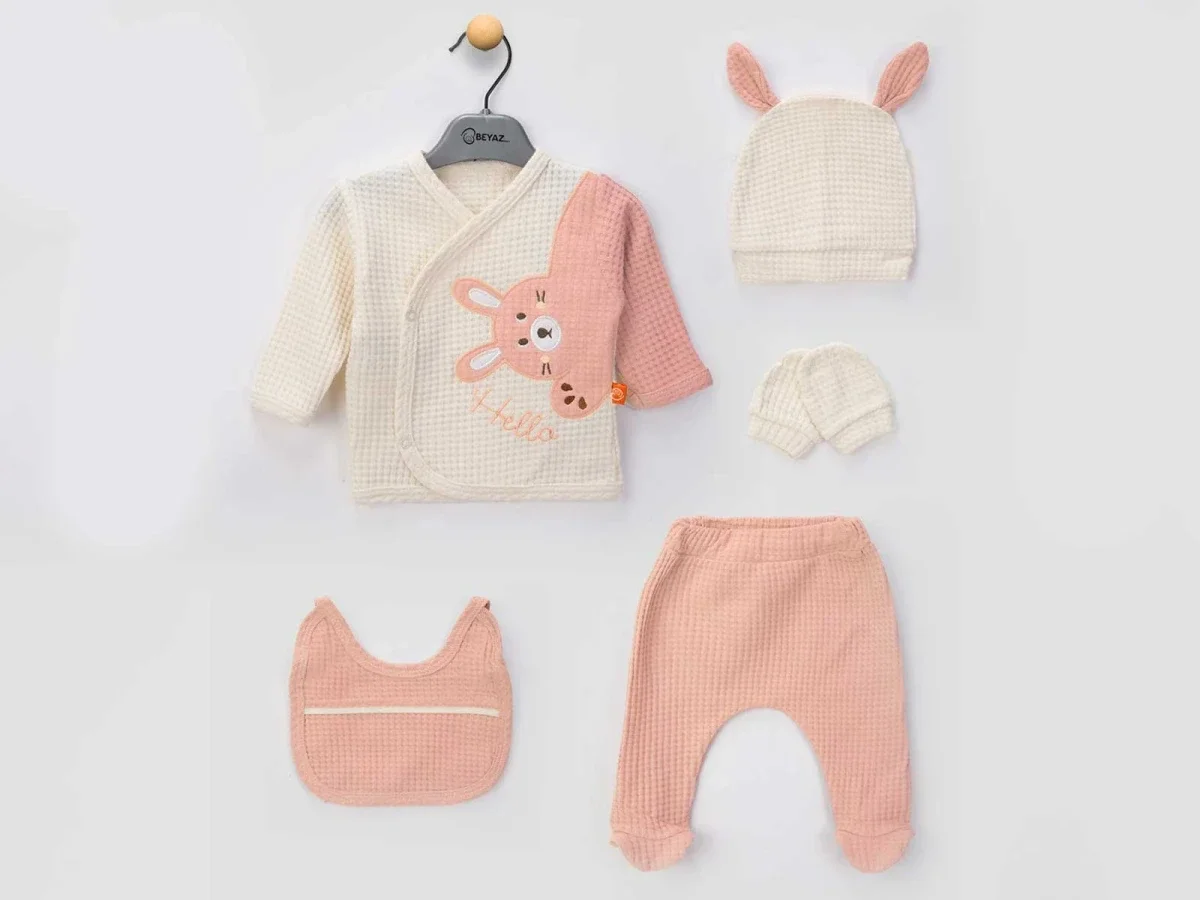 Rabbit Embroidery Newborn Girl Hospital Exit Set (5 Pieces) - Beyaz Bebek - by Peralane