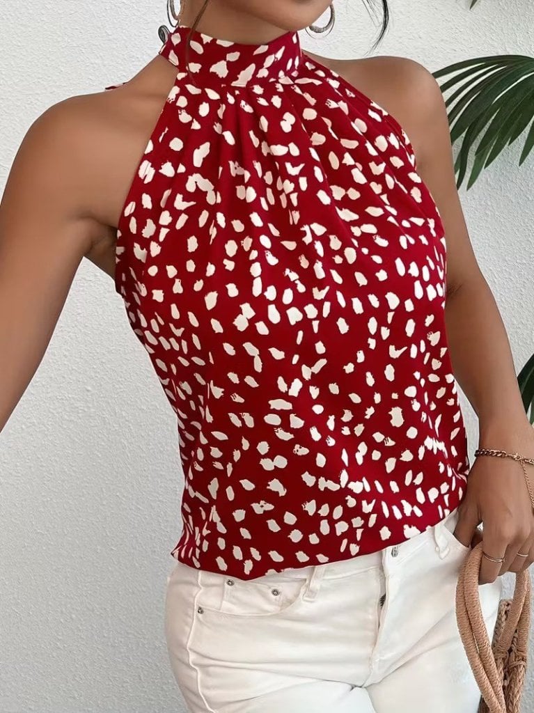 Women's Red Abstract Spot Print Halter Top with High Neck and Back Tie - Janes - by Peralane - photo 4