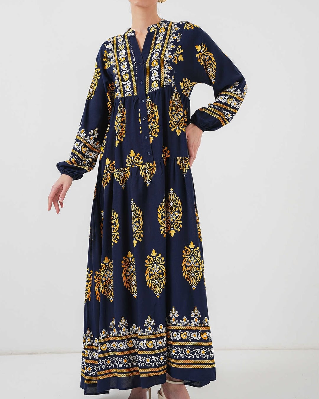 Navy Blue Authentic Print Modest Maxi Dress - Bigdart - by Peralane - photo 4