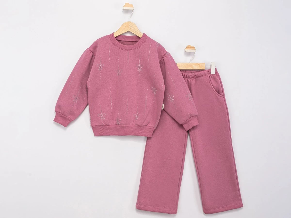 Girls' Dusty Pink Sparkle Bow Two-Piece Set - Sweatshirt and Trousers - Feely Kids - by Peralane