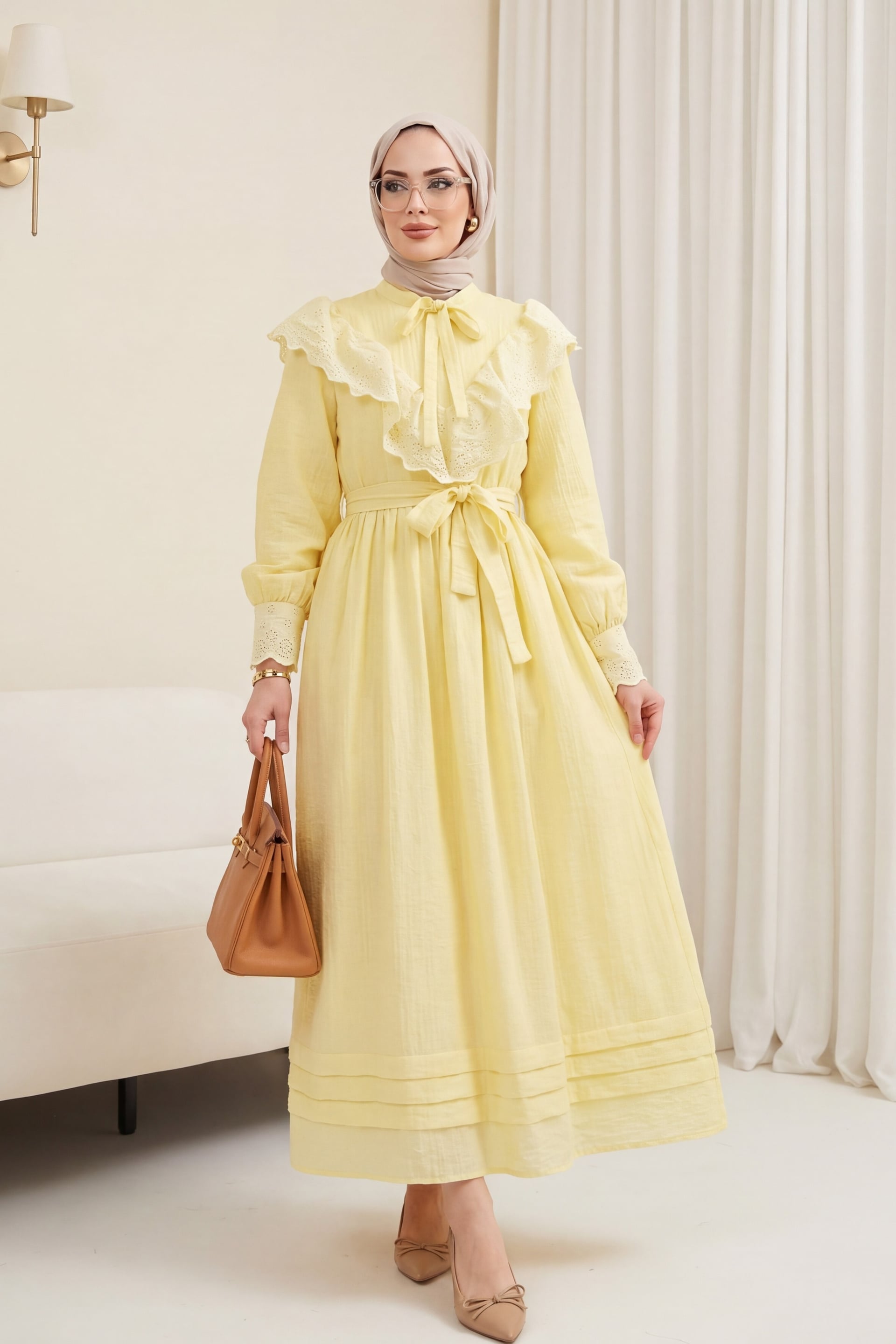 Tie-Front Crinkle Dress with Eyelet Trim - Yellow - Podyumplus - by Peralane - photo 5